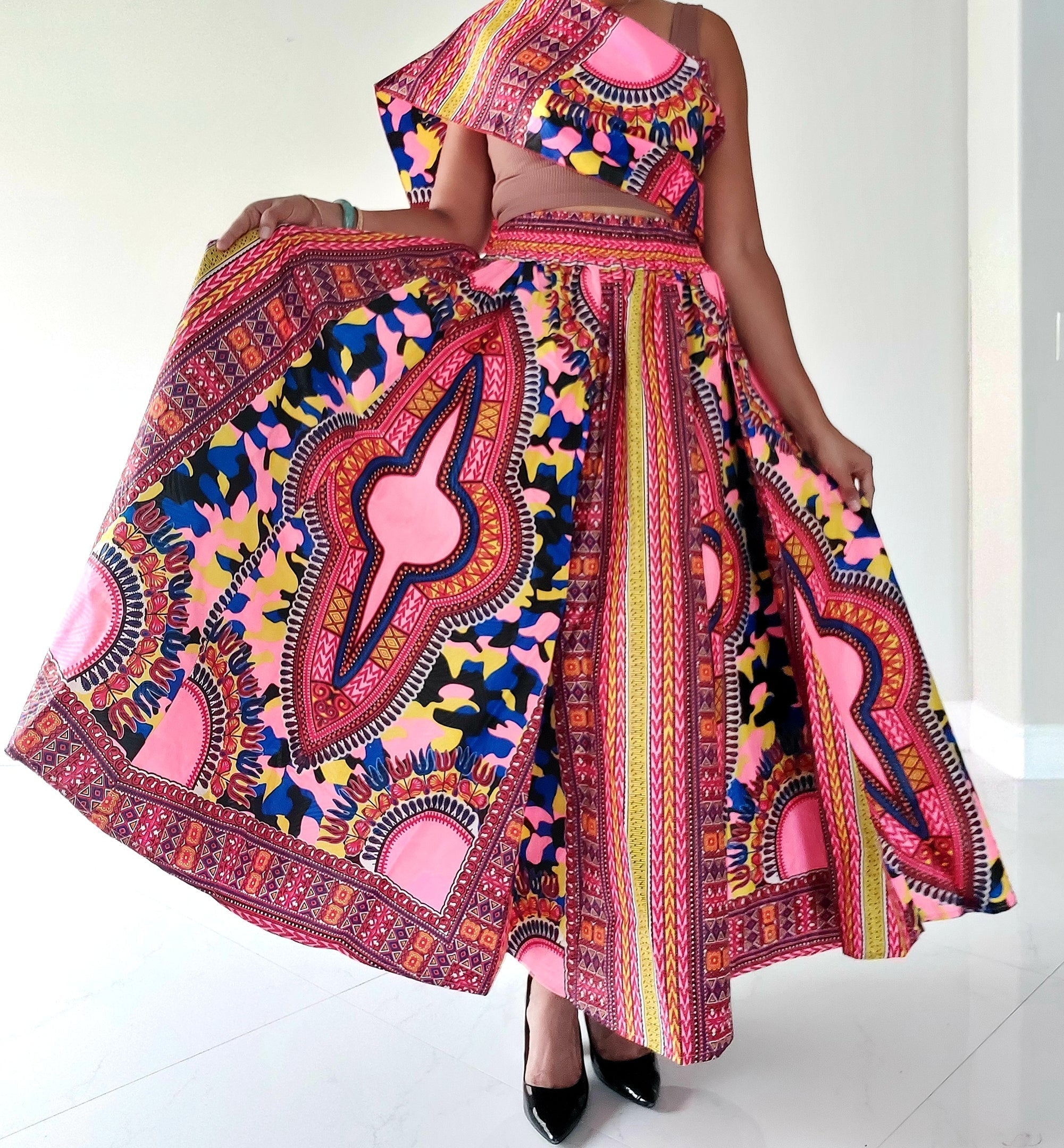 1091- Women Long Dashiki Print Skirt