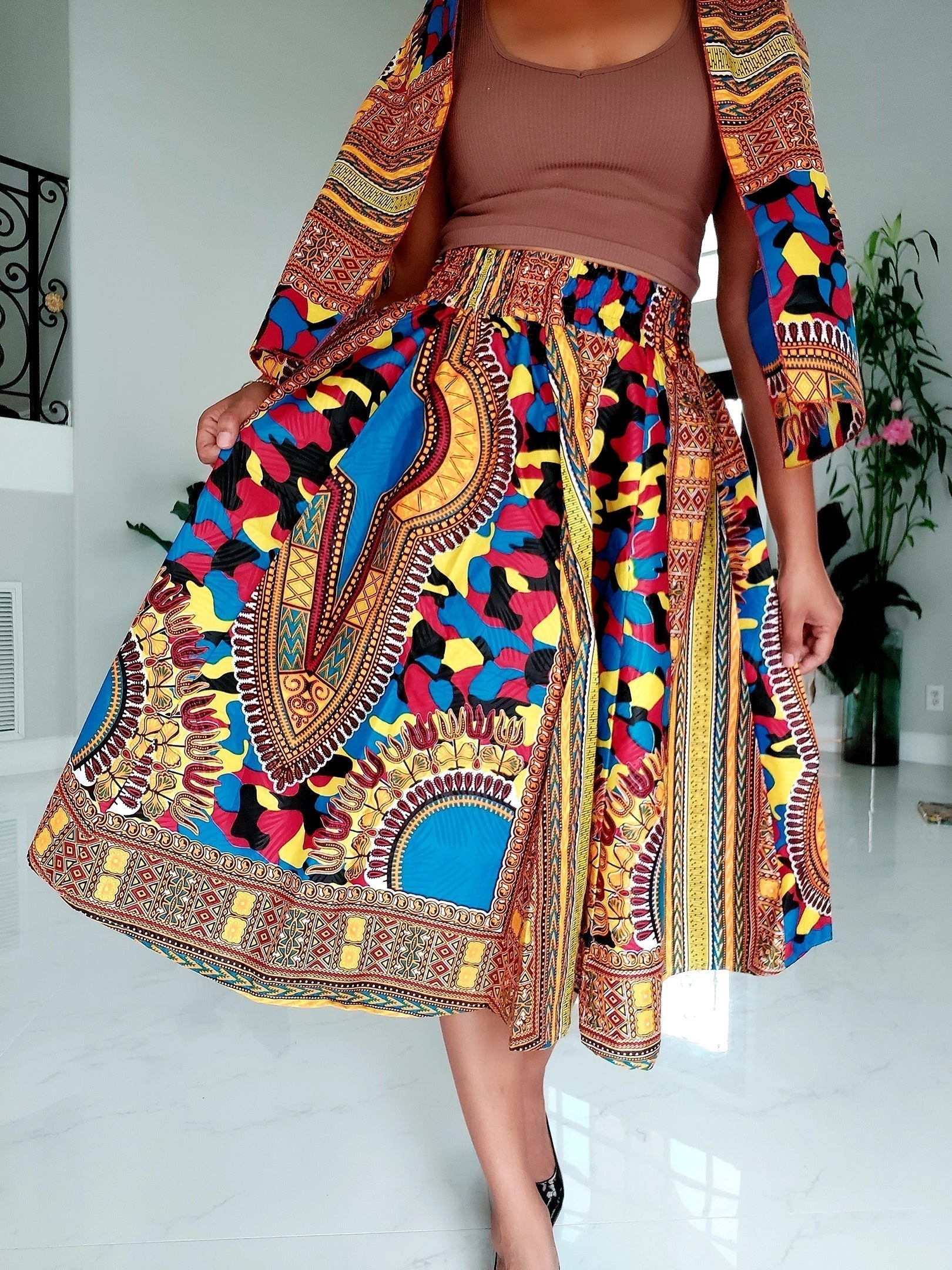 1090 Women Mid Length Dashiki Print Skirt- Blue