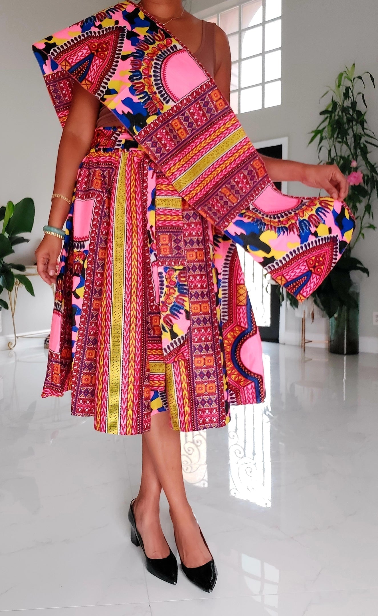 1090 Women Mid Length Dashiki Print Skirt- Pink