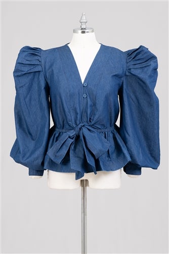 Denim Ruched sleeve Bow Blouse -652D