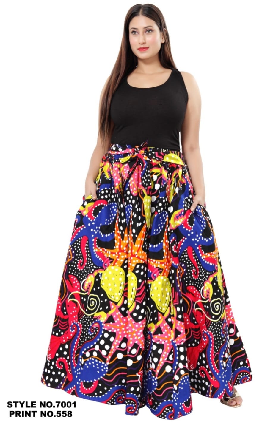 7001 Women Long Printed Maxi Skirt- Blue Multi