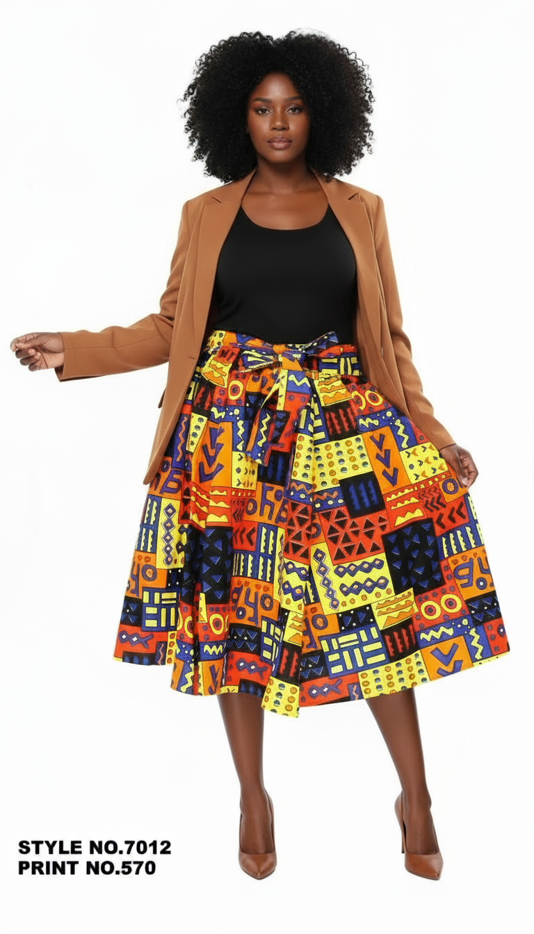 7012 Woman Mid Length Flared skirt-570Blue/Yellow