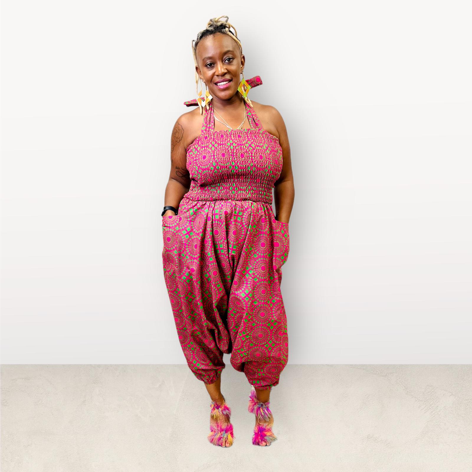 Jumpsuit/ Pants/African Romper - Fuchsia/Green