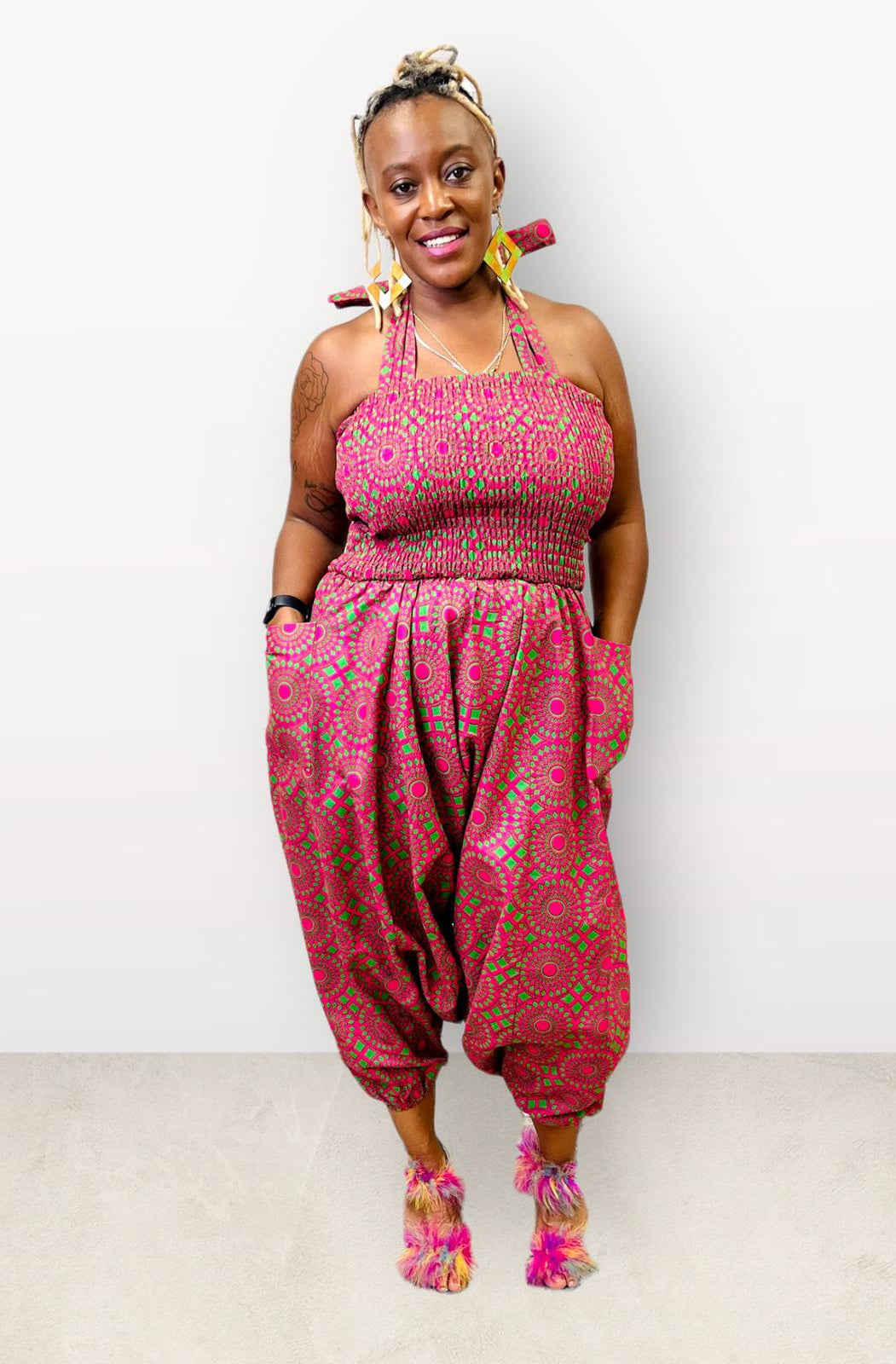 Jumpsuit/ Pants/African Romper - Fuchsia/Green