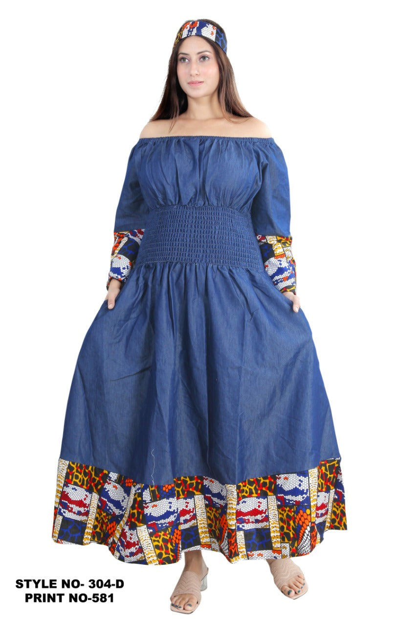 Smock Waist Long Denim Dress/ Printed Border- 304D