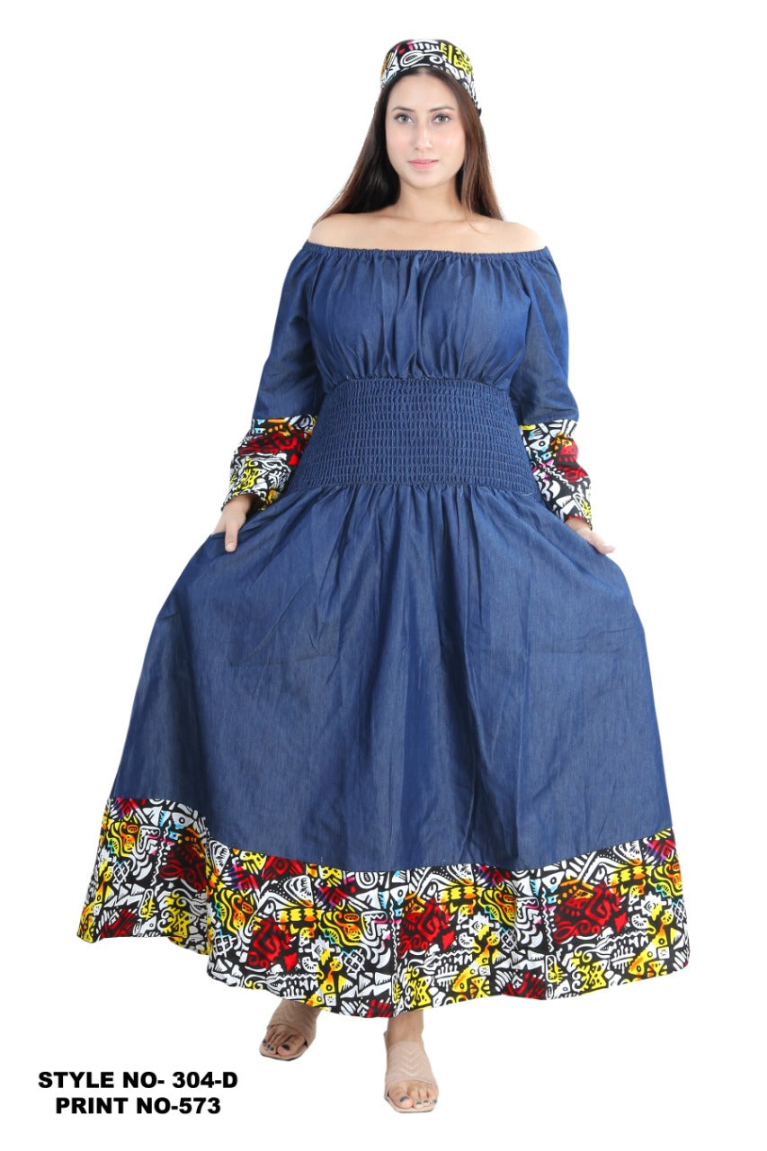 Smock Waist Long Denim Dress/ Printed Border- 304D