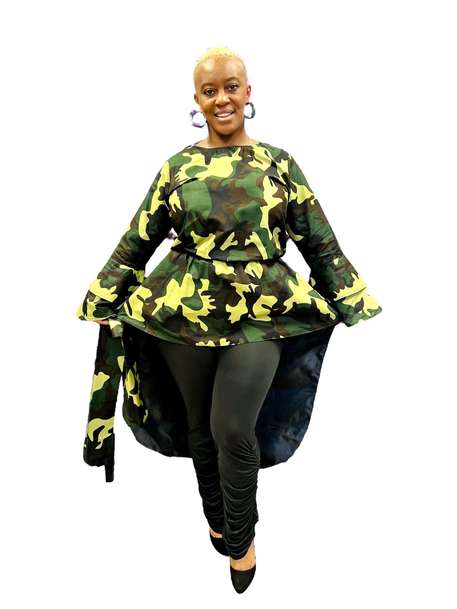 305 High / Low Bell sleeve Blouse- Camouflage Green