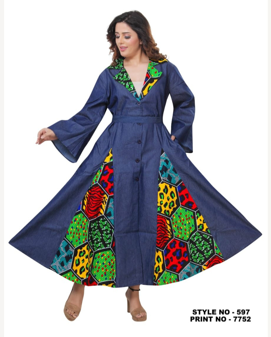 7752 - Denim Kimono Dress with Printed Panels