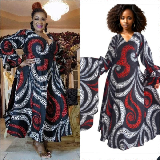 70-Woman's Long African Print Wrap Dress- Spiral Print