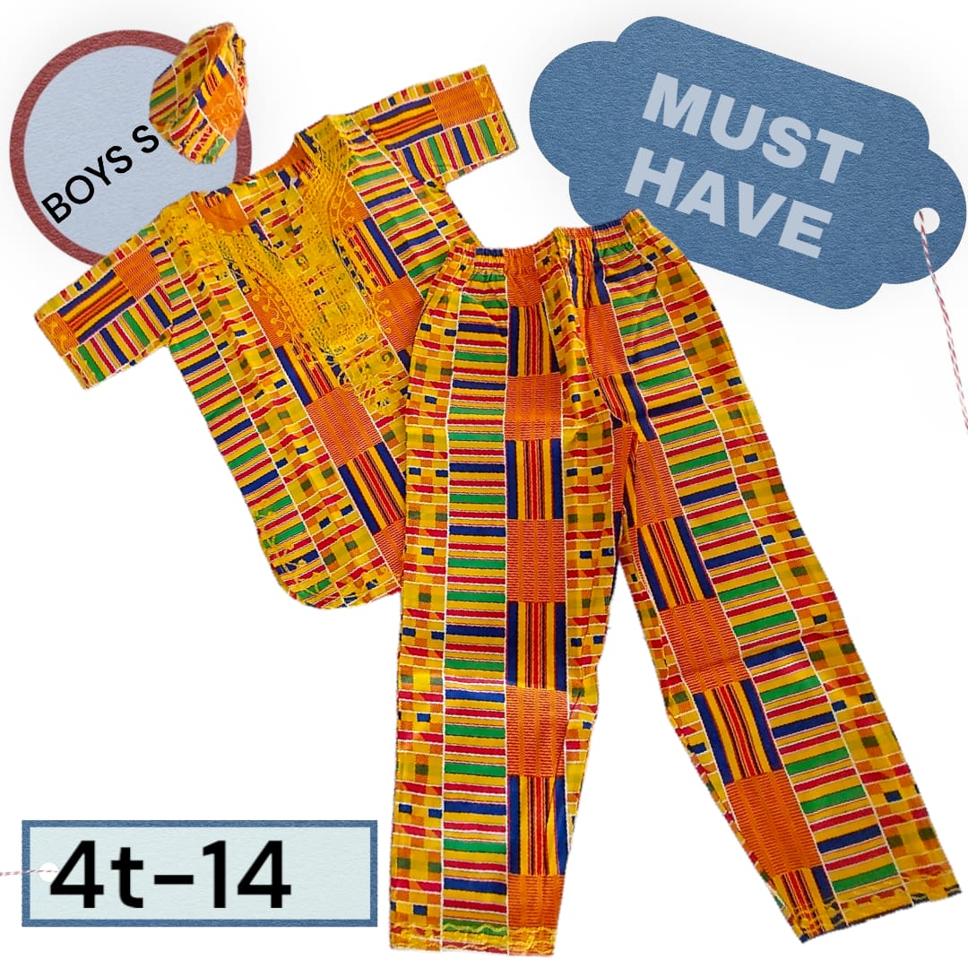 Boys 3 Pcs Kente  Set/ Pant/Tunic/Kufi Hat