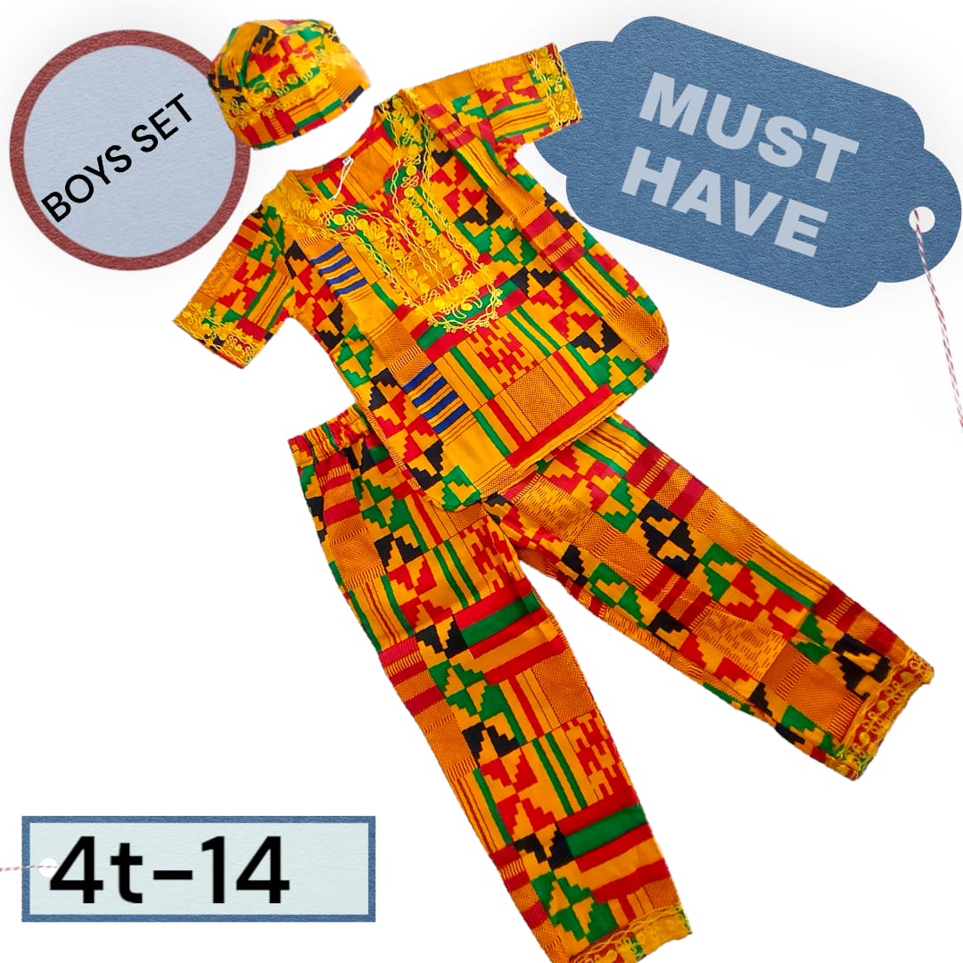 Boys 3 Pcs Kente  Set/ Pant/Tunic/Kufi Hat