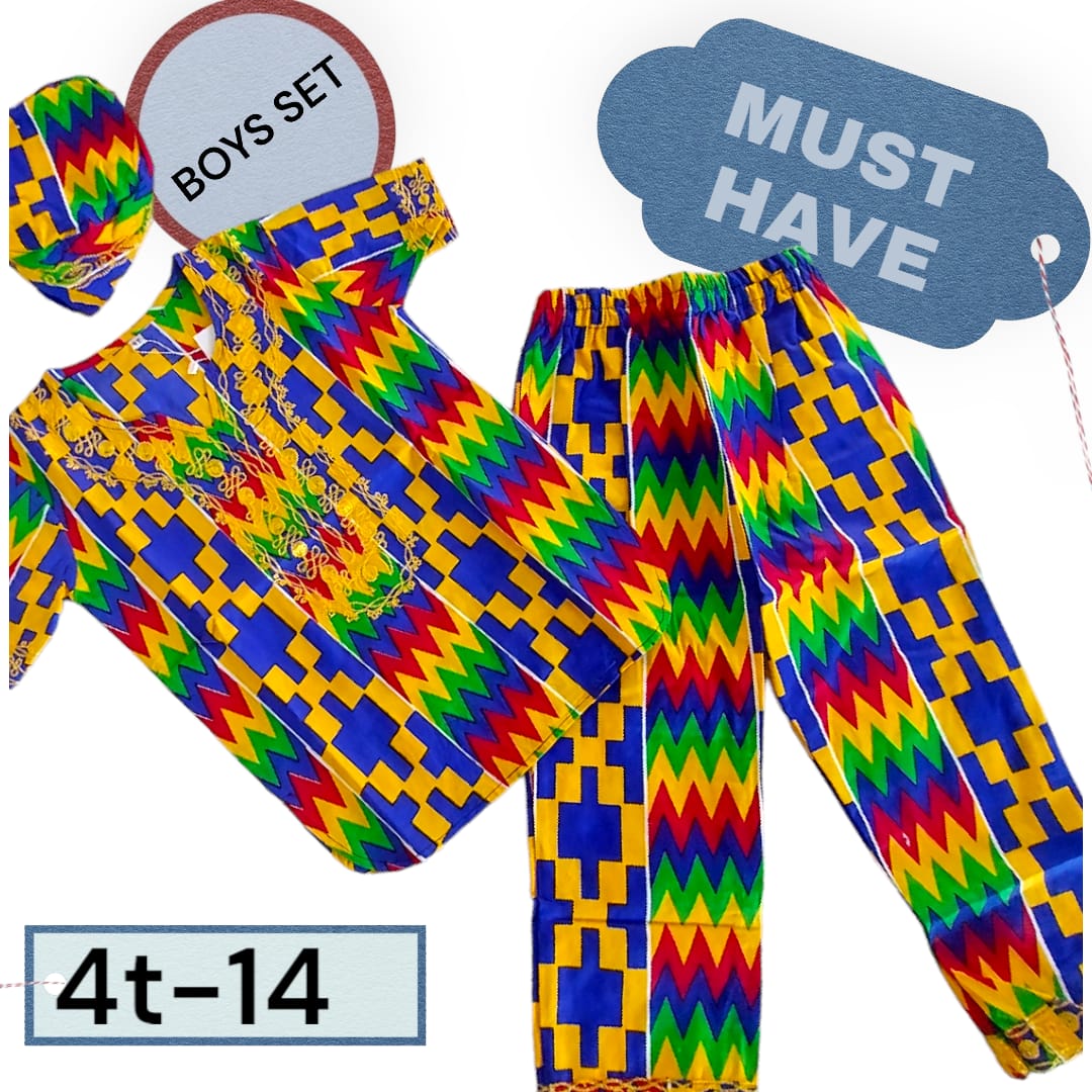 Boys 3 Pcs Kente  Set/ Pant/Tunic/Kufi Hat