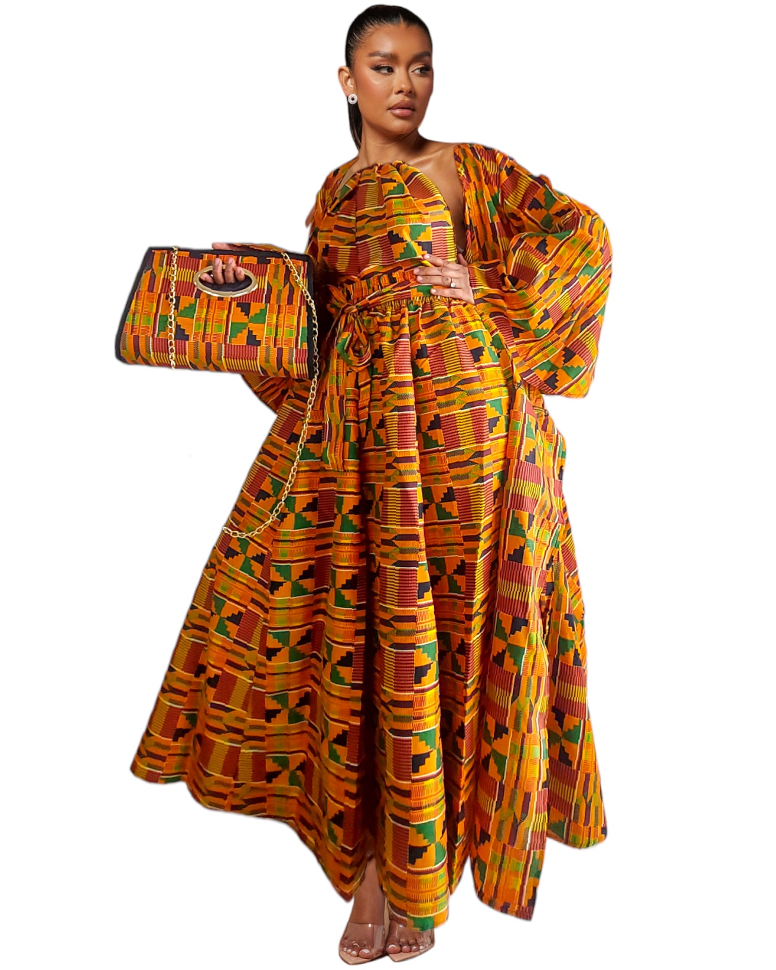 Wrap Dress /  Maxi Skirt / Pocketbook Combo Set- Orange Kente