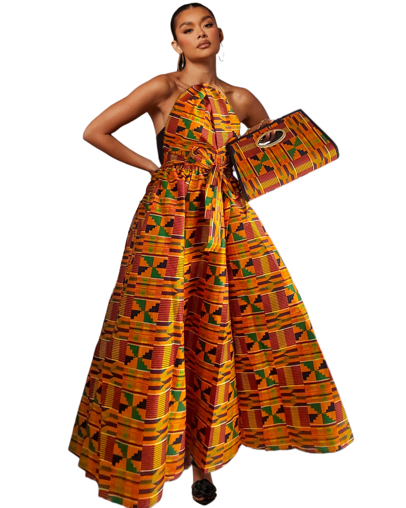 Wrap Dress /  Maxi Skirt / Pocketbook Combo Set- Orange Kente