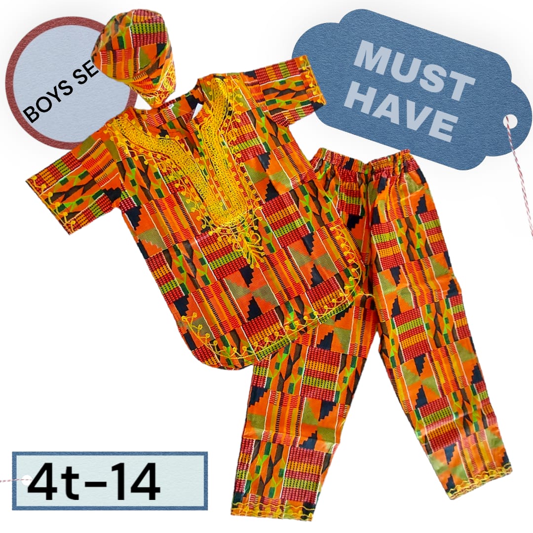 Boys 3 Pcs Kente  Set/ Pant/Tunic/Kufi Hat