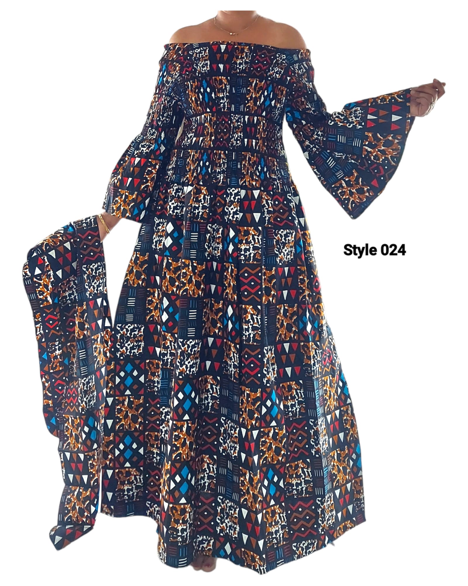 024 Women Long Printed Smocked Dress -Brown