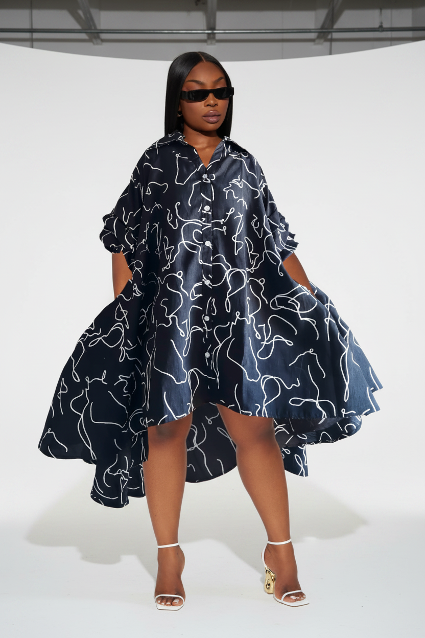 IB25013 - Swing Dress/ Faux Silk / Black - White 758