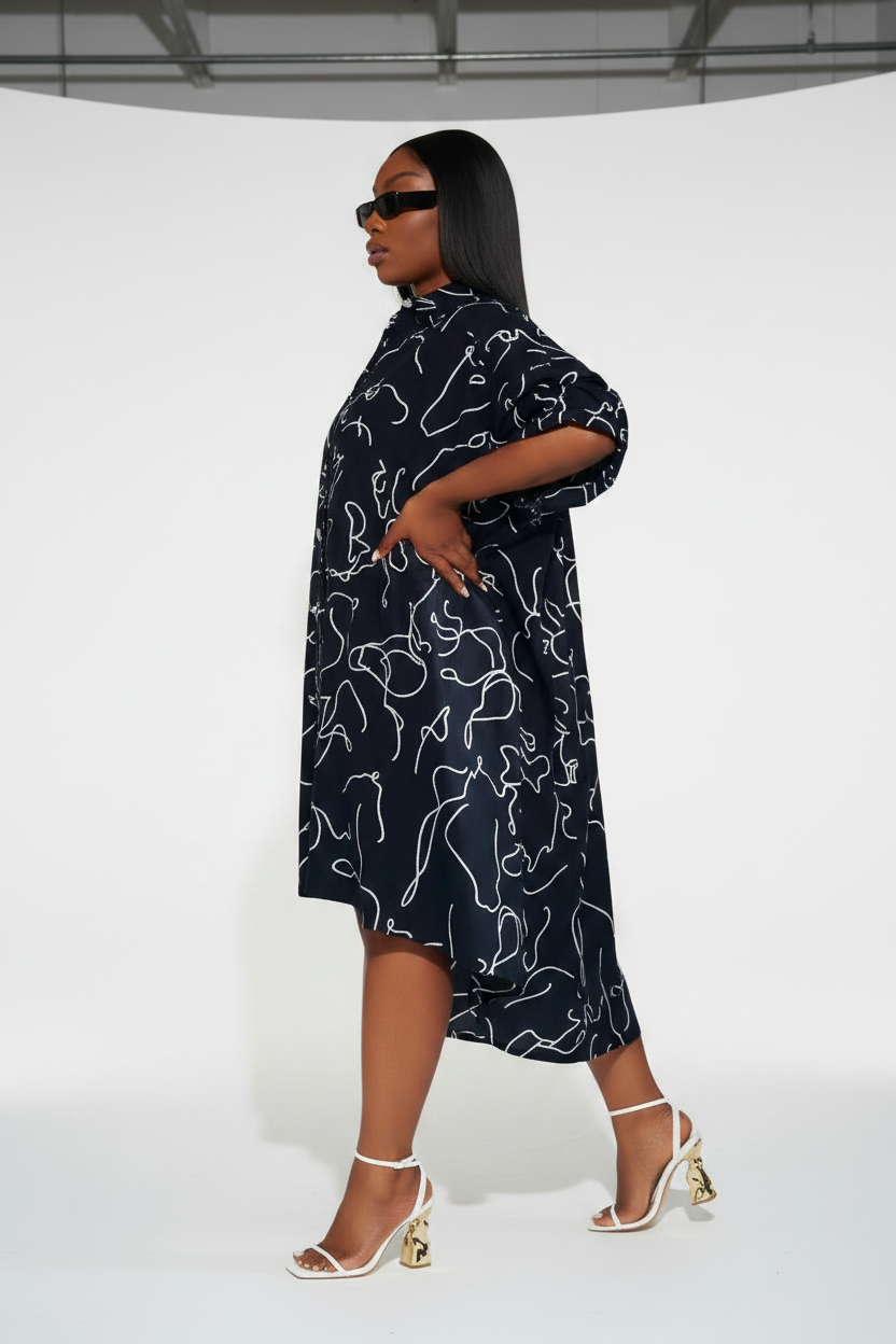 IB25013 - Swing Dress/ Faux Silk / Black - White 758