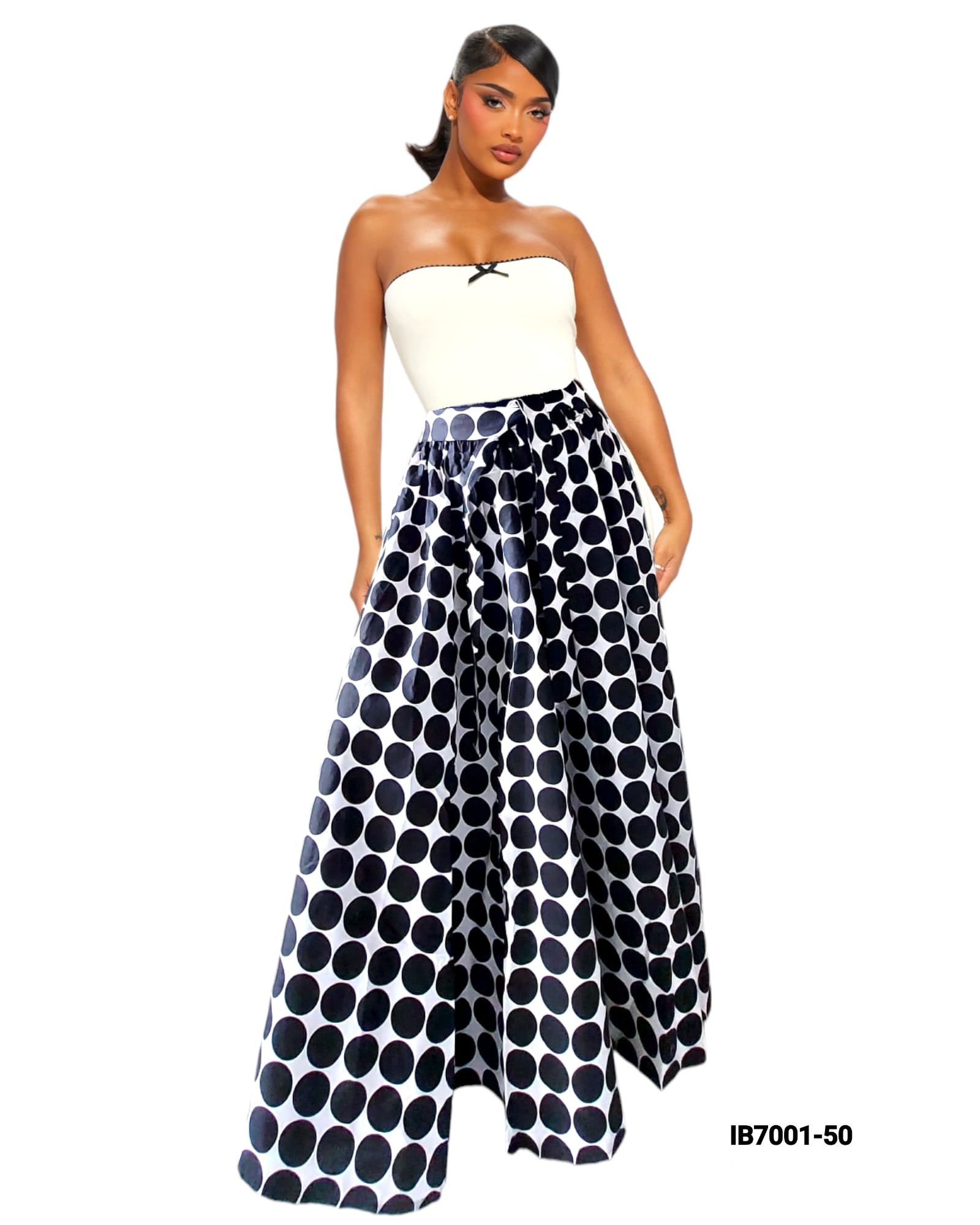 7001 Set / Long Skirt and Wrap Blouse  /  Polkadot Print