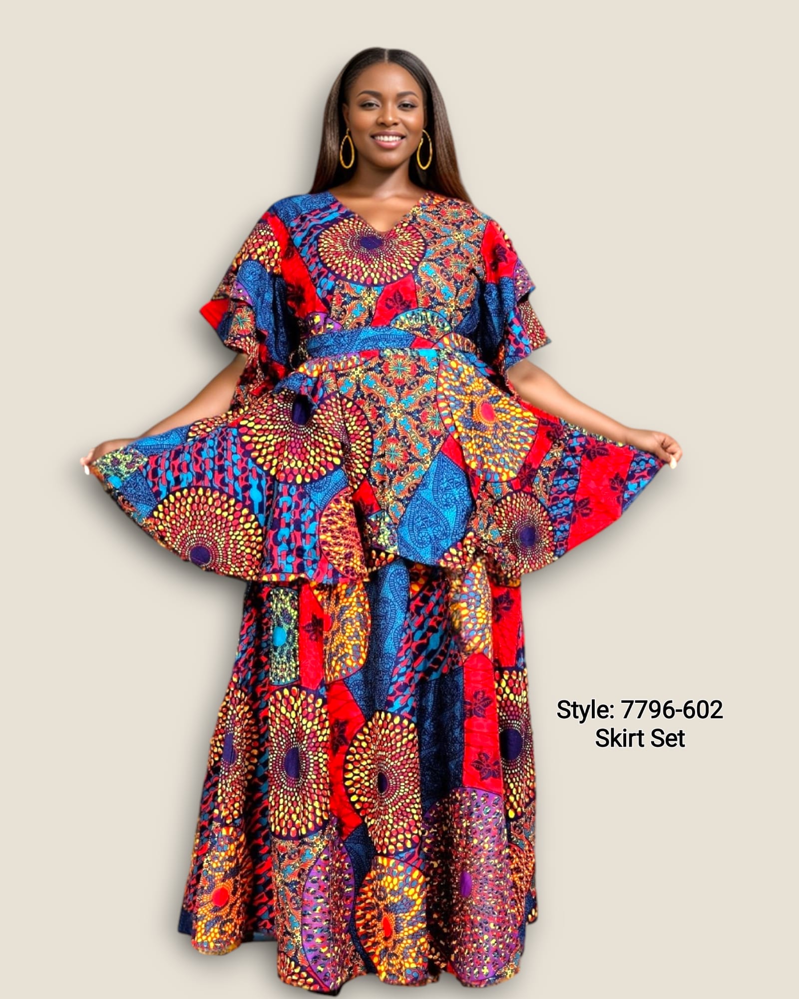 7796 Set / Long Skirt & Wrap Blouse Set Print 602