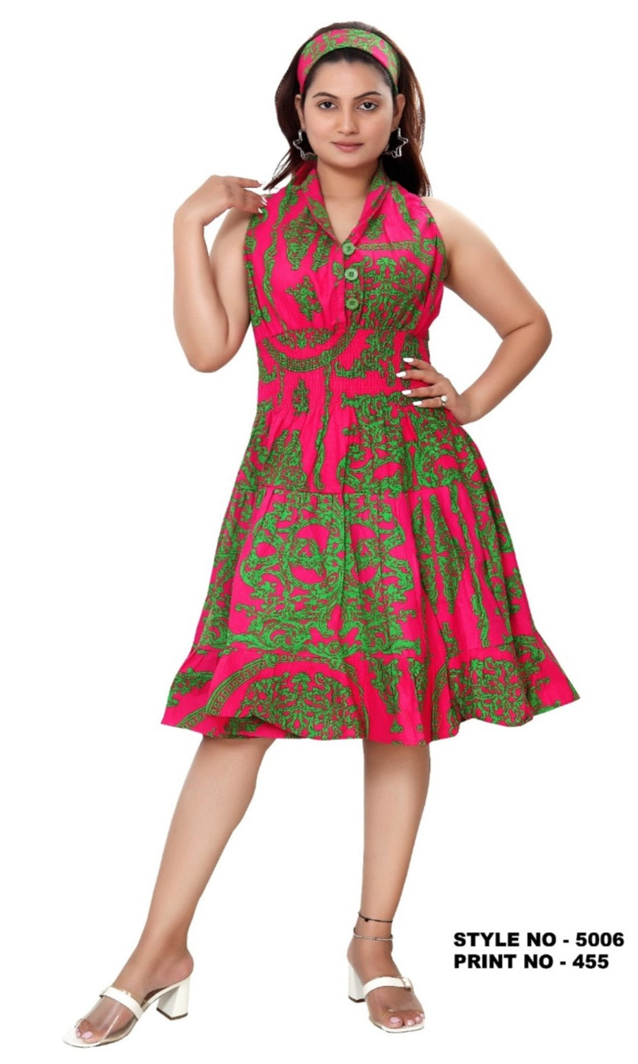5006 - Woman's Mid-Length Smock Dress With Scarf Print 455
