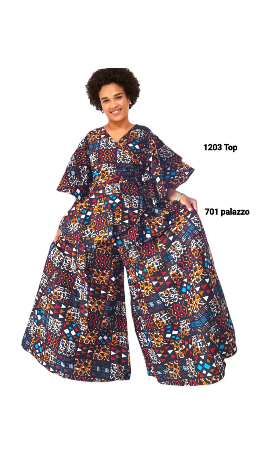 Palazzo Pant & Wrap Blouse Set - Brown Multi