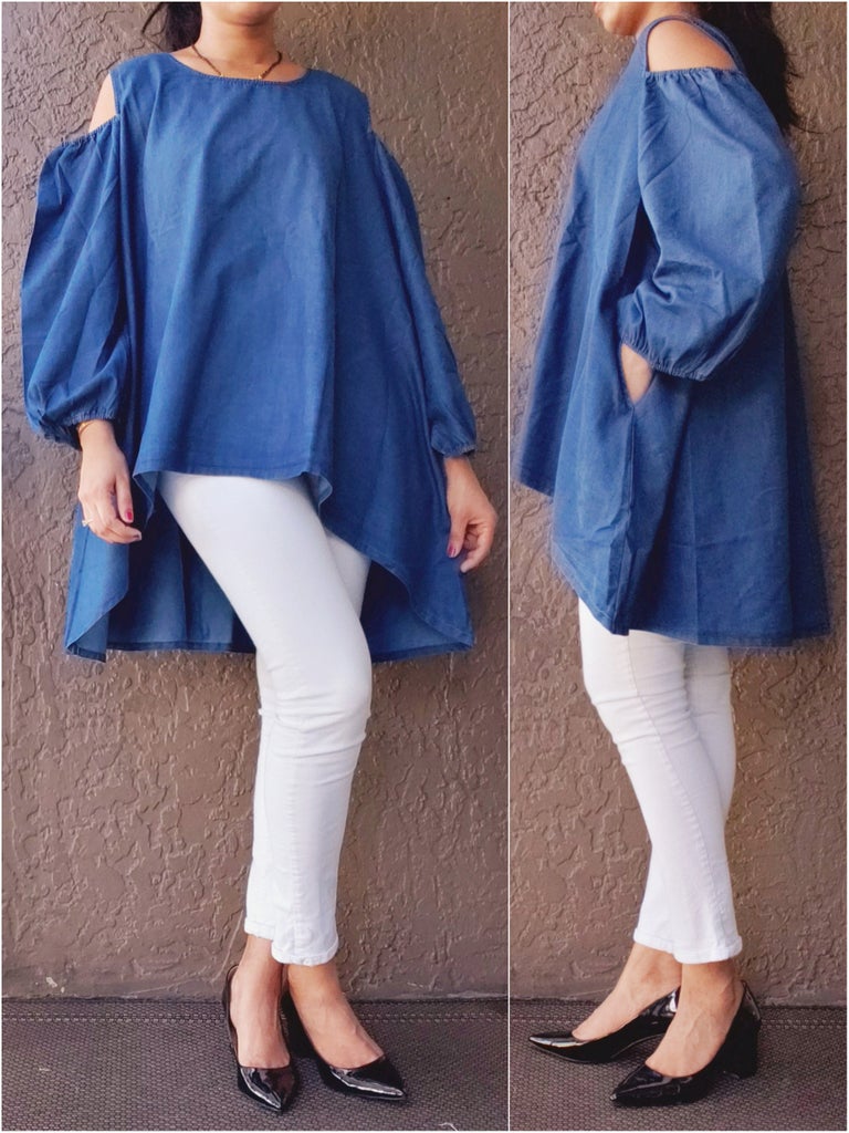 Maya Cold-Shoulder Denim Billow Blouse 848