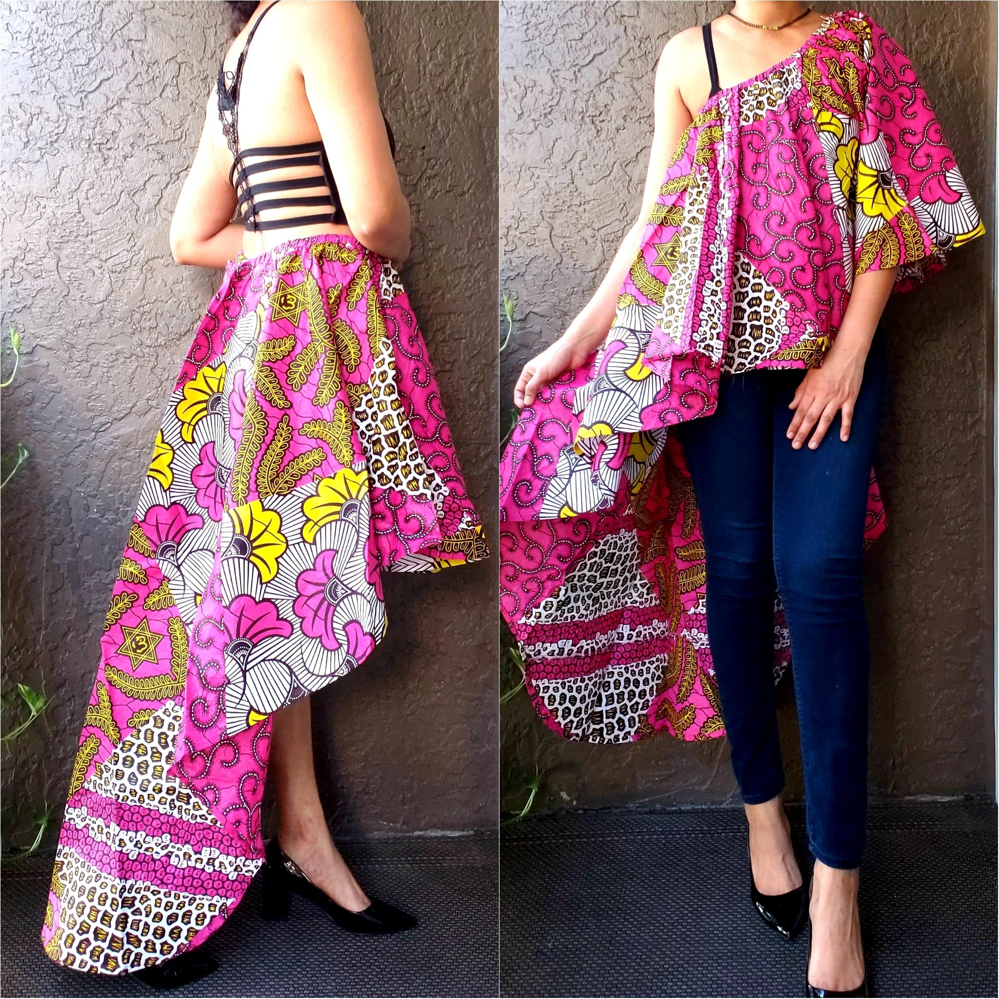 Poncho top/ Hi/Lo Skirt/ Multi Wearable/ Printed- Fuchsia- 3074