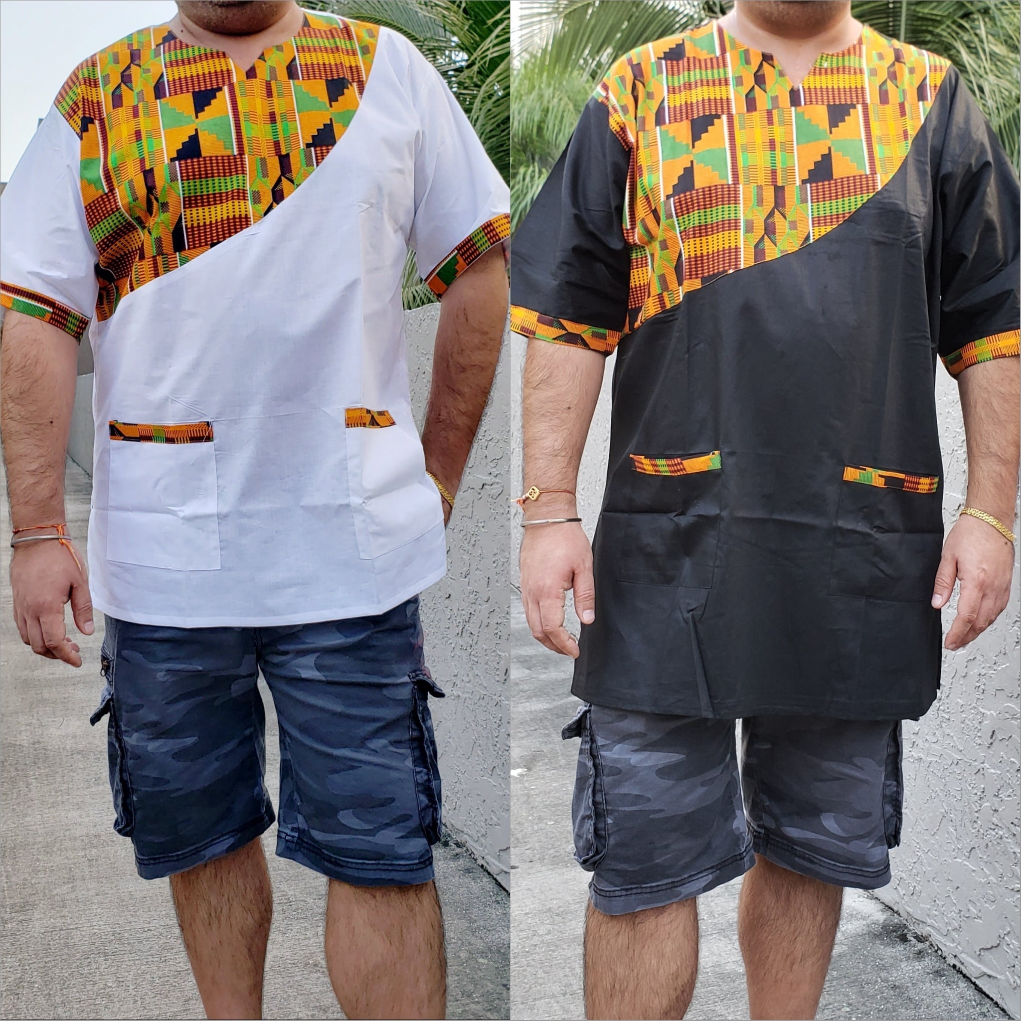 Men Tunic Shirt / Kente Accent- White