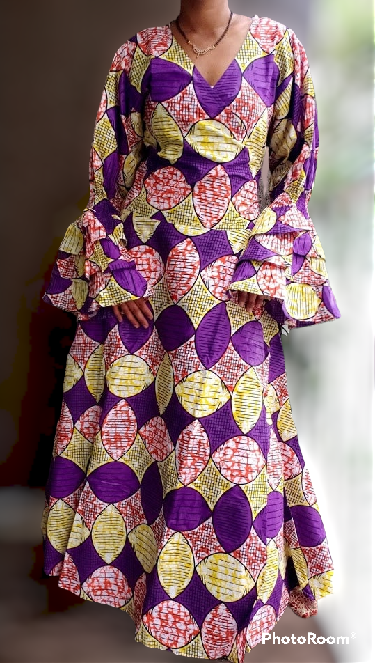 70-Woman's Long Wrap Dress- Purple/Yellow