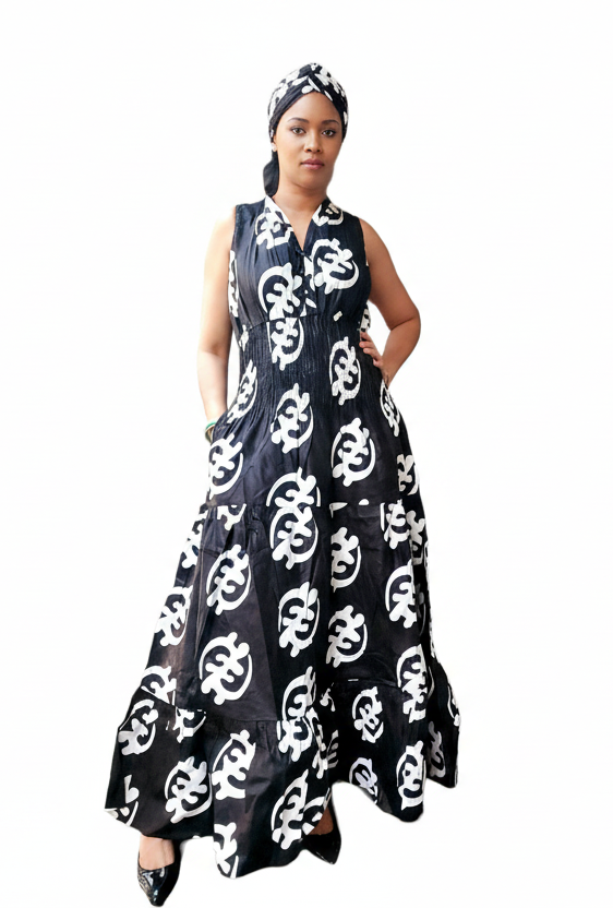 3028L Women Long Smocked Dress - Black/ White Gynamee