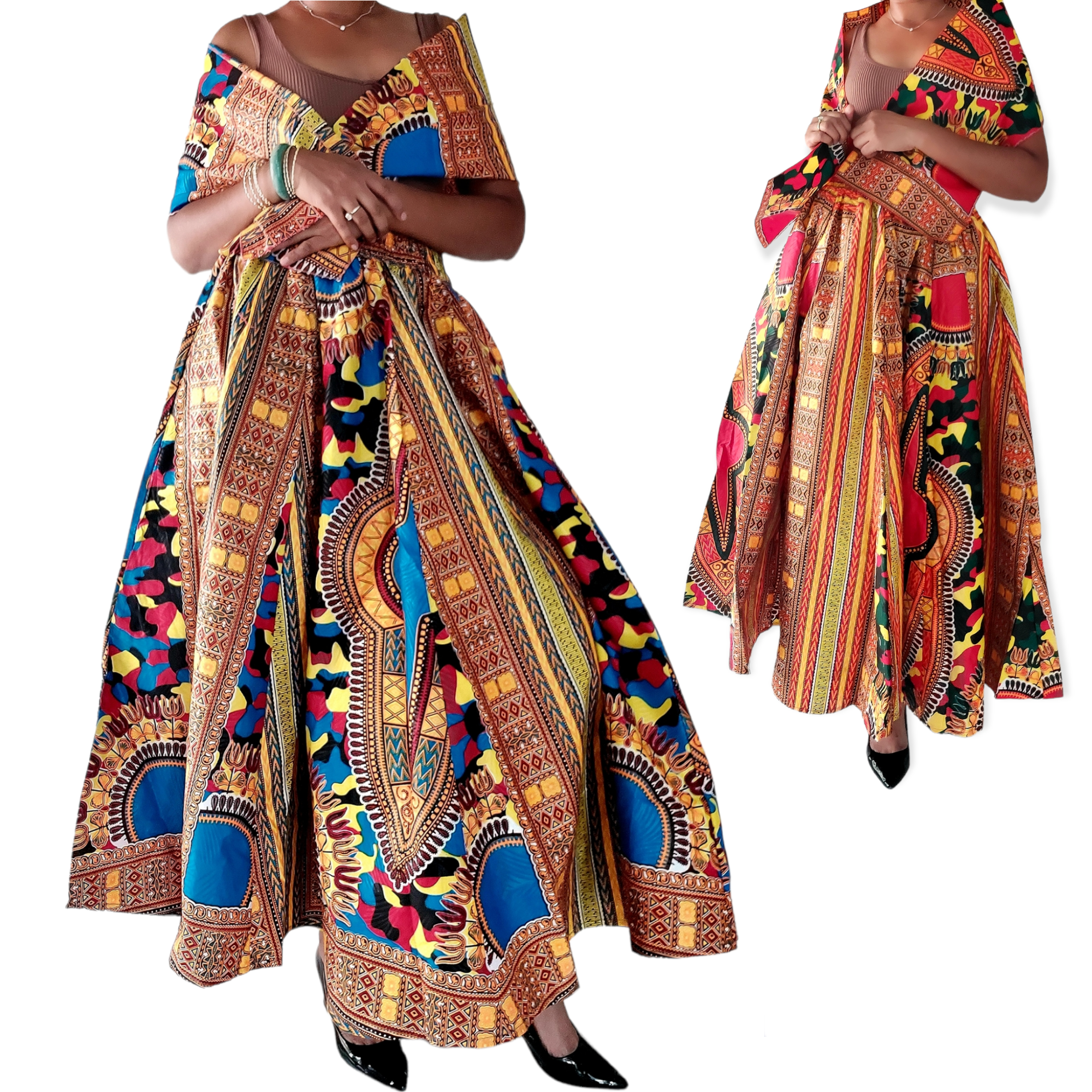 1091- Women Long Dashiki Print Skirt