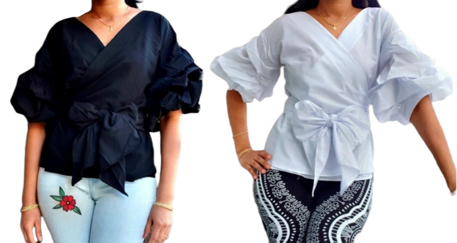 #18-804 RUFFLED SLEEVE WRAP BLOUSE