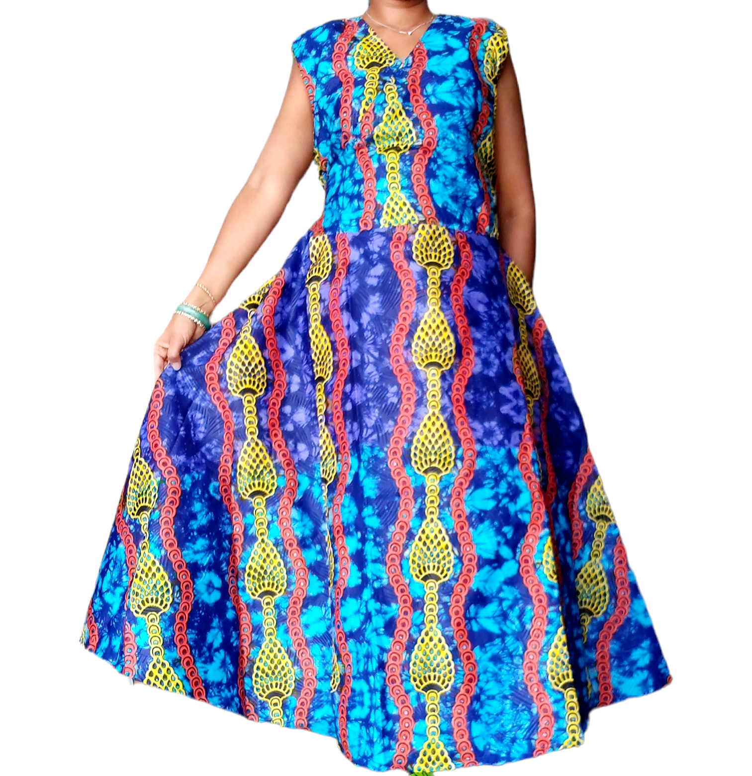 1045-Sleeveless Wrap Dress-Blue Multi