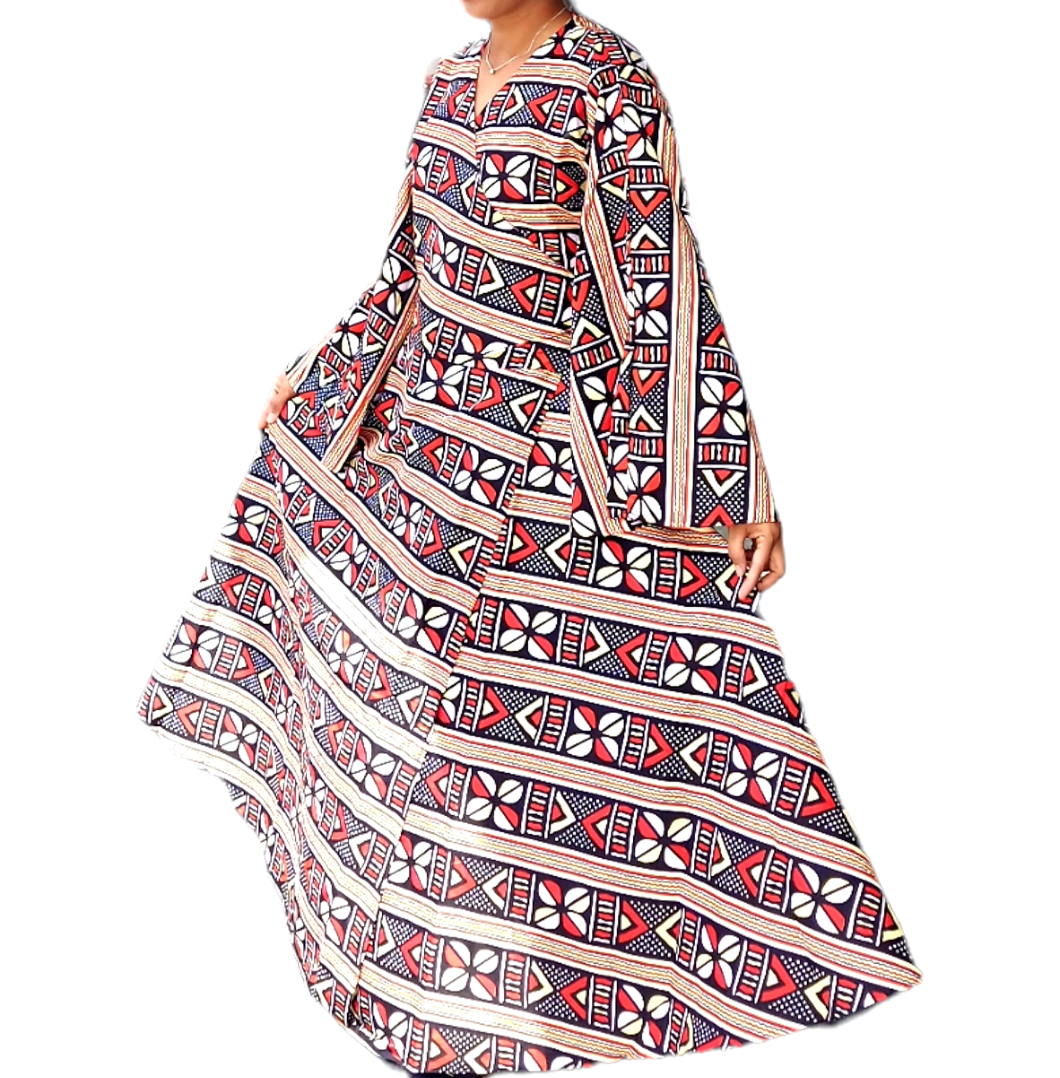 1014- Women Long Printed  Sleeveless Wrap Dress/ Long Bell Sleeves-Black Tribal