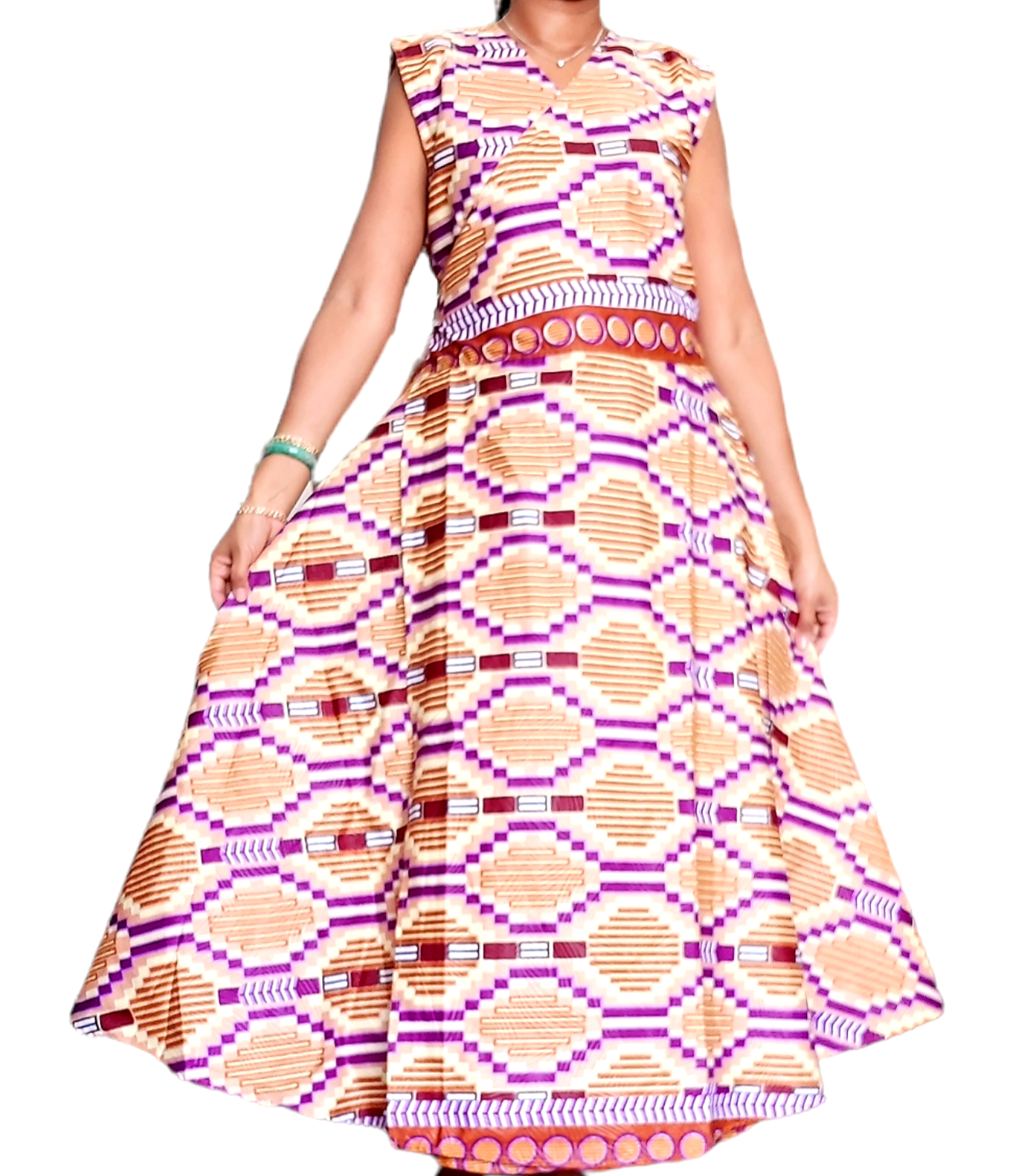 1045- Women Long Printed  Sleeveless Wrap Dress-Tan/Purple