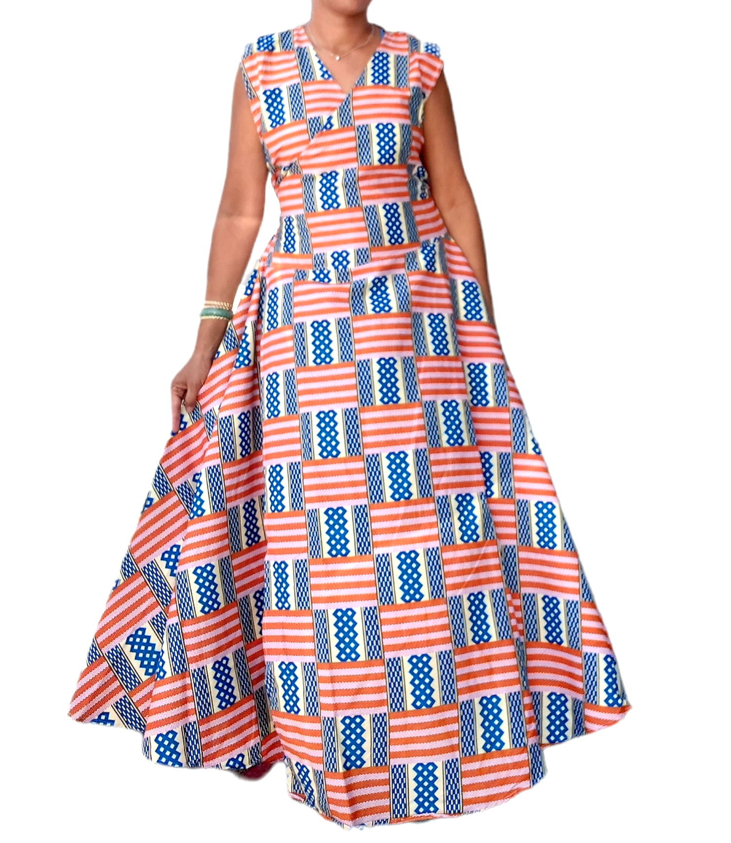 1045- Women Long Printed  Sleeveless Wrap Dress-Blue/Orange