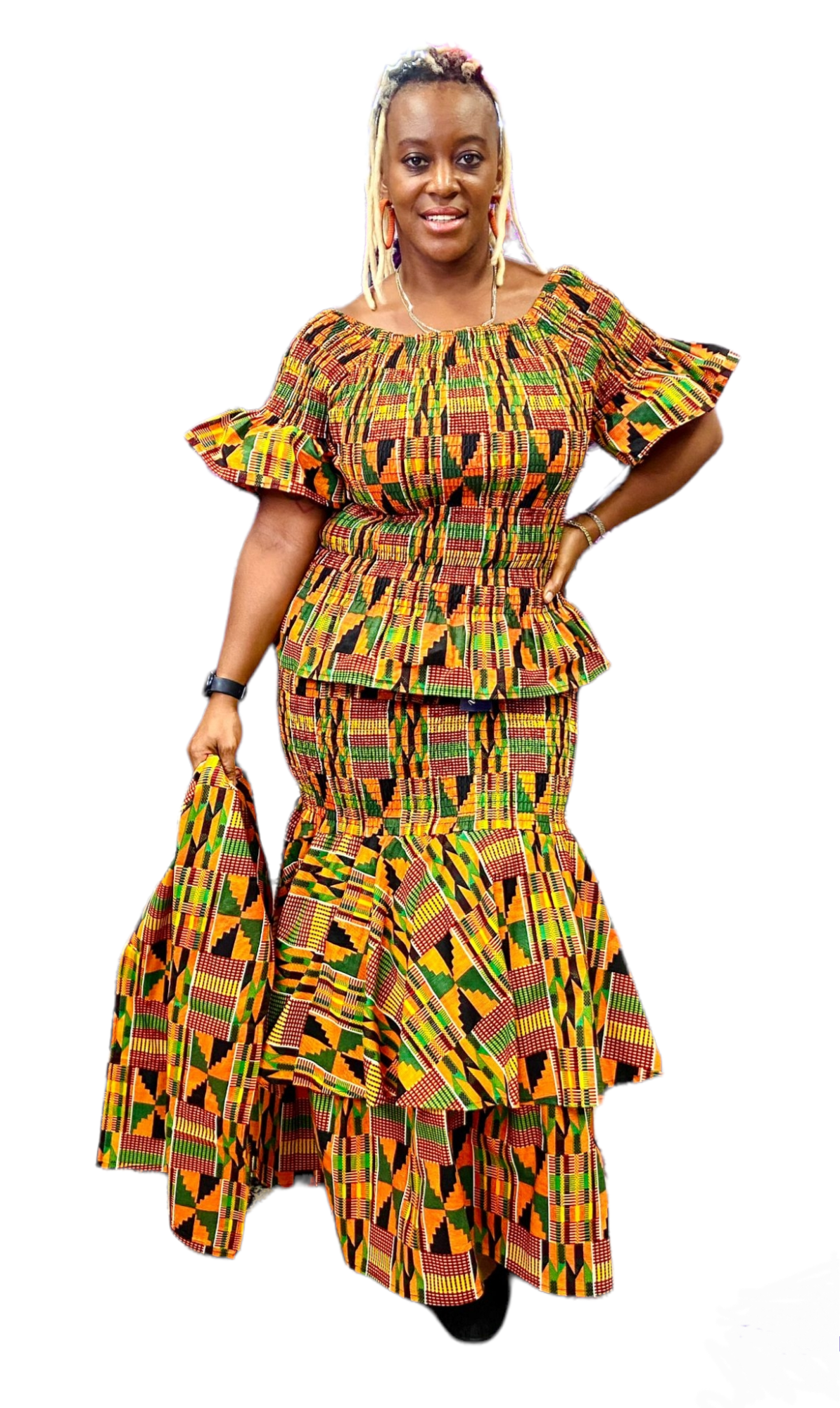 Smock Tiered Skirt / Blouse  Set- Orange Kente