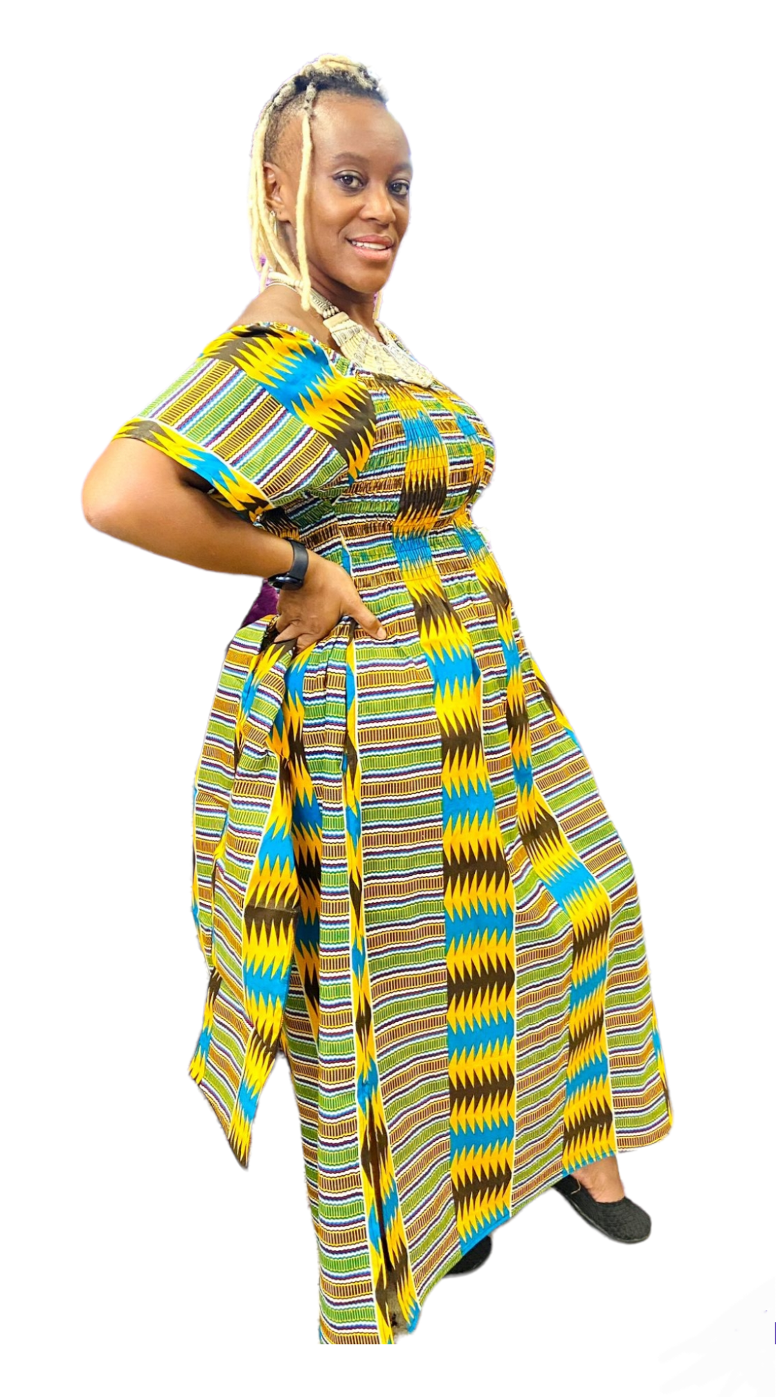 807 -Long Kente Maxi Dress- Green