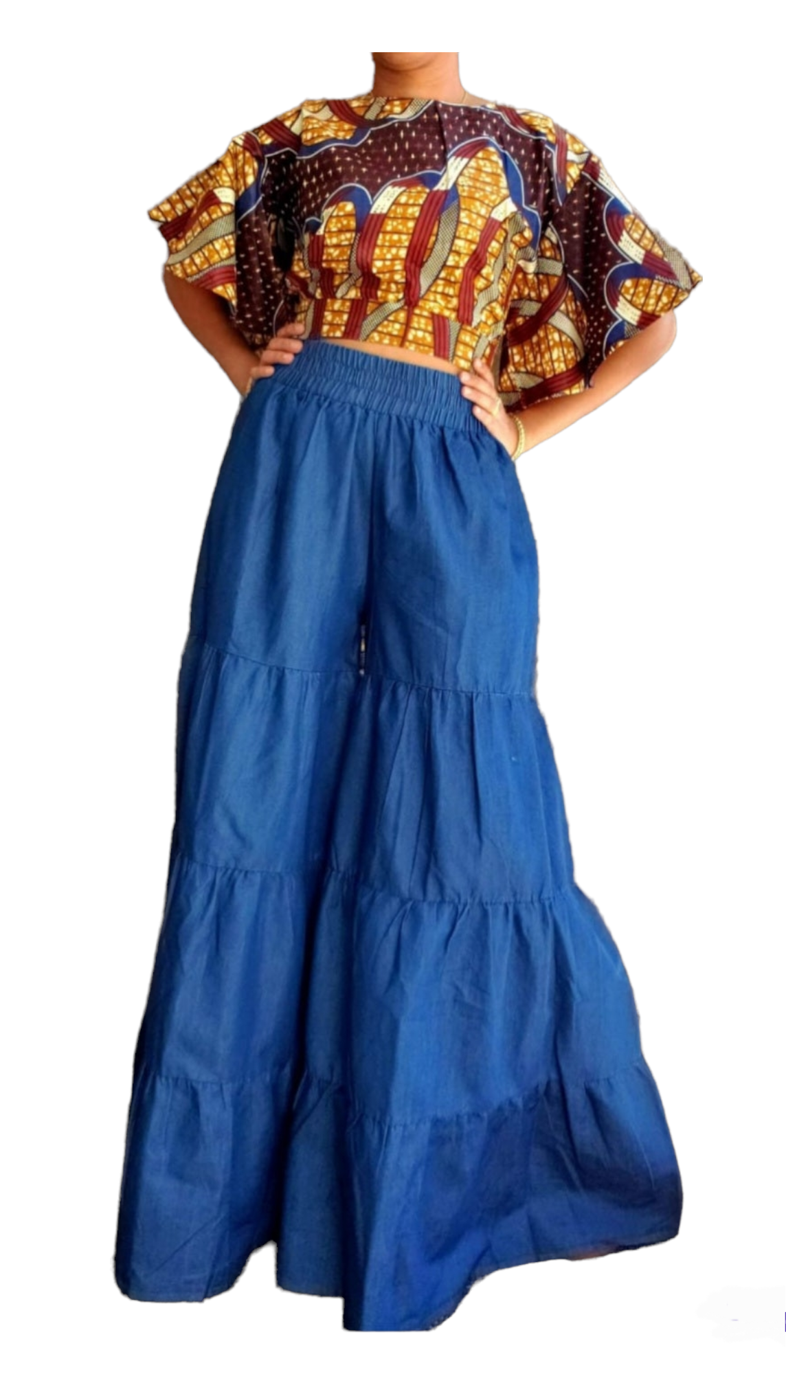 039- Women Tiered Denim Palazzo Pant- Indigo Blue