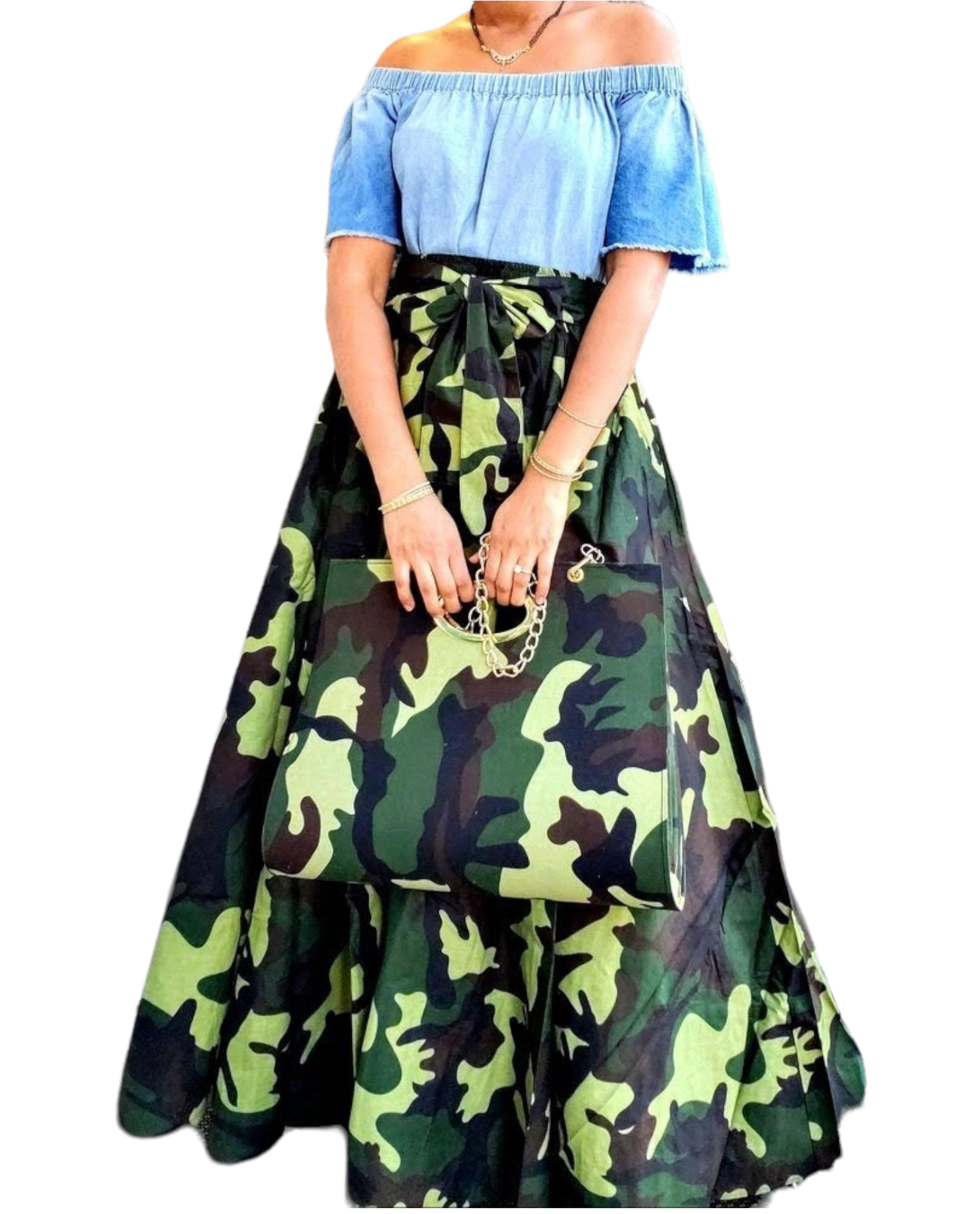 7001 Women Long Maxi Skirt- Green Camouflage