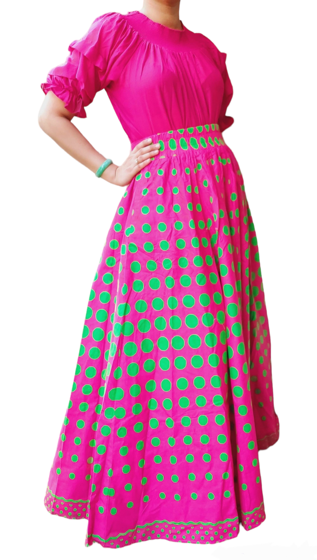 7001- Long Flared Maxi Skirt- Pink-Green Polka Dots