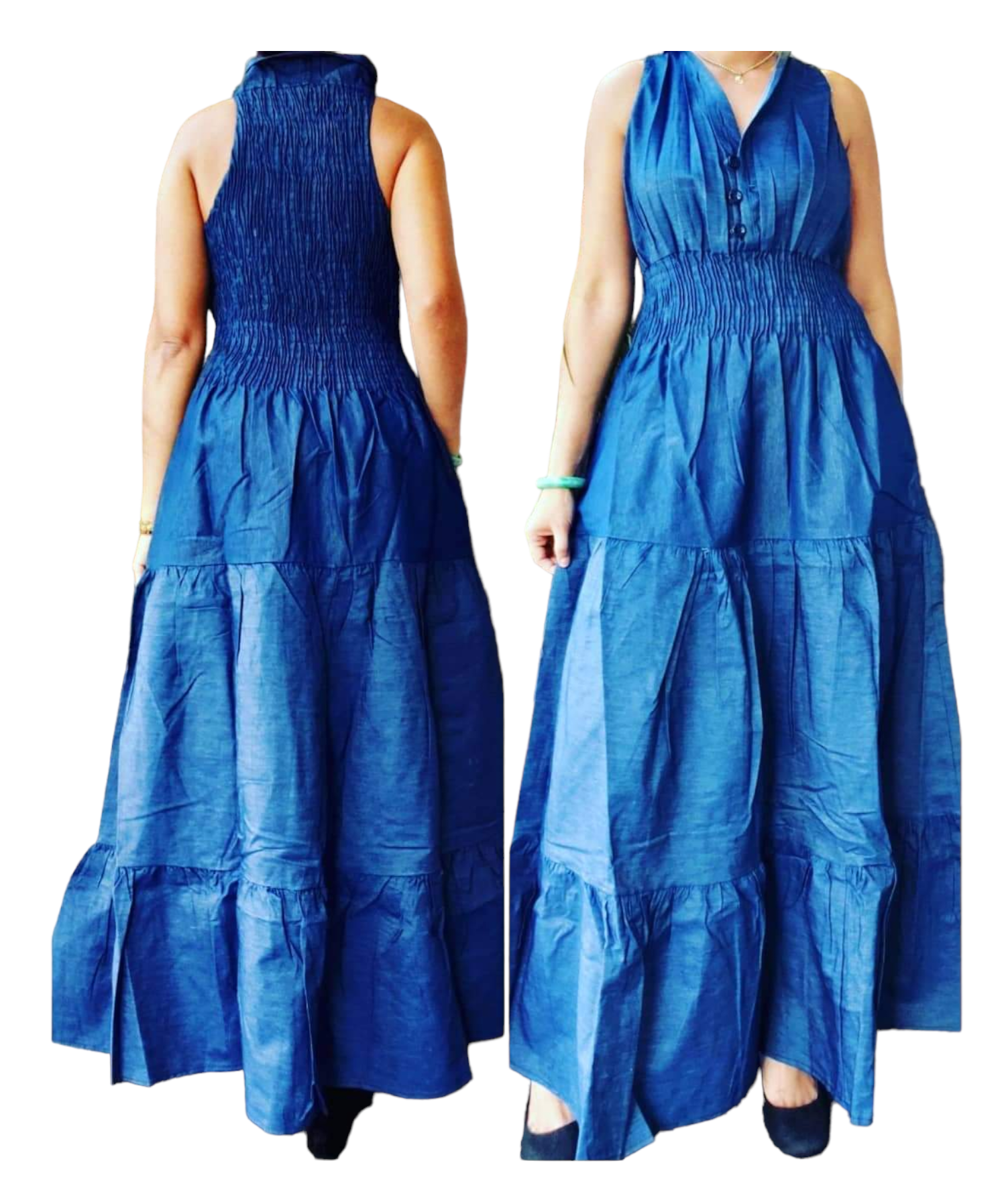 5005 Denim Long Smocked Dress - Indigo Blue