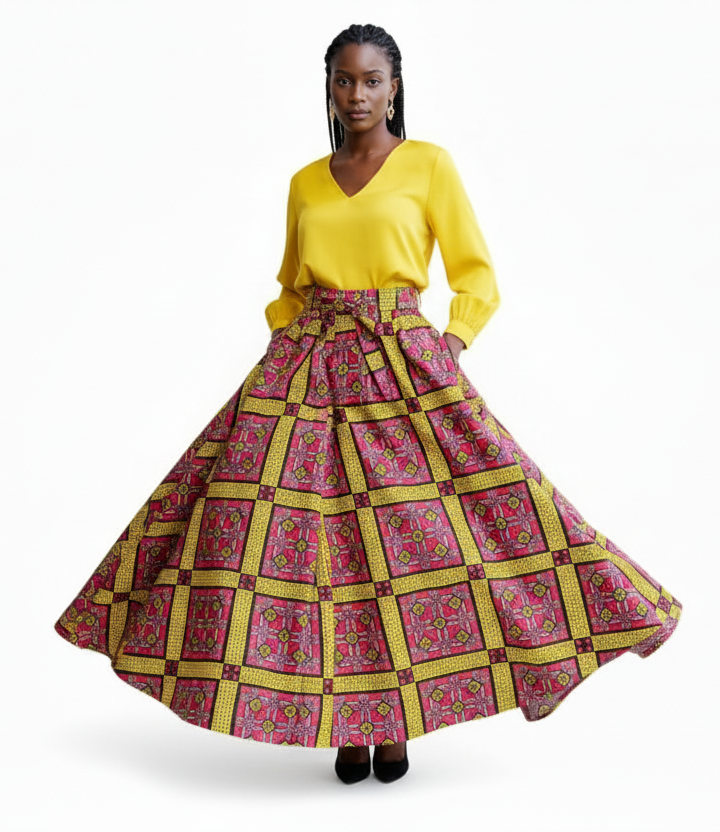 7001 Women Long Flared Maxi Skirt- Fuchsia/Yellow