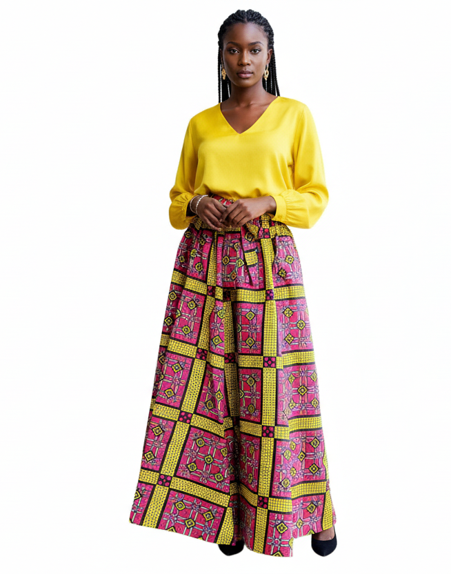 7001 Women Long Flared Maxi Skirt- Fuchsia/Yellow