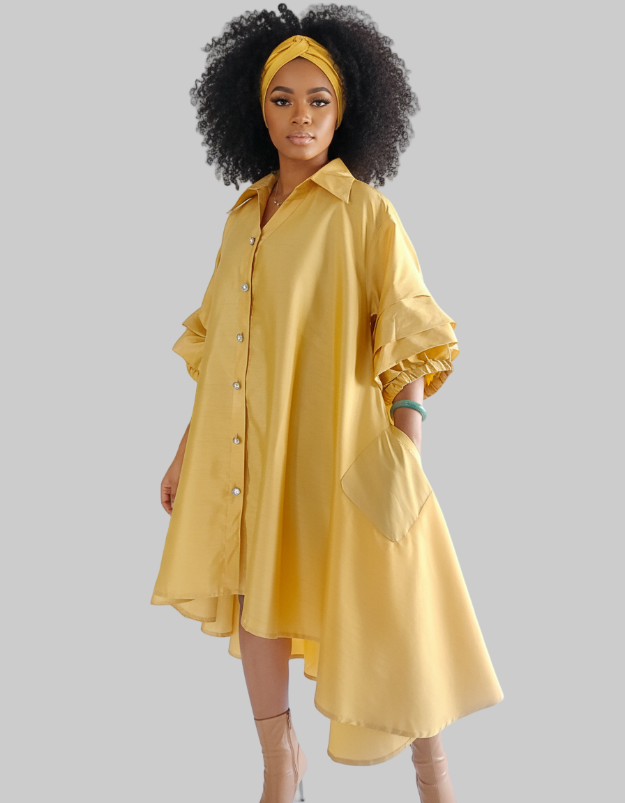 Swing Dress/ Faux Silk/ Ruffle Sleeve - 25013 Beige