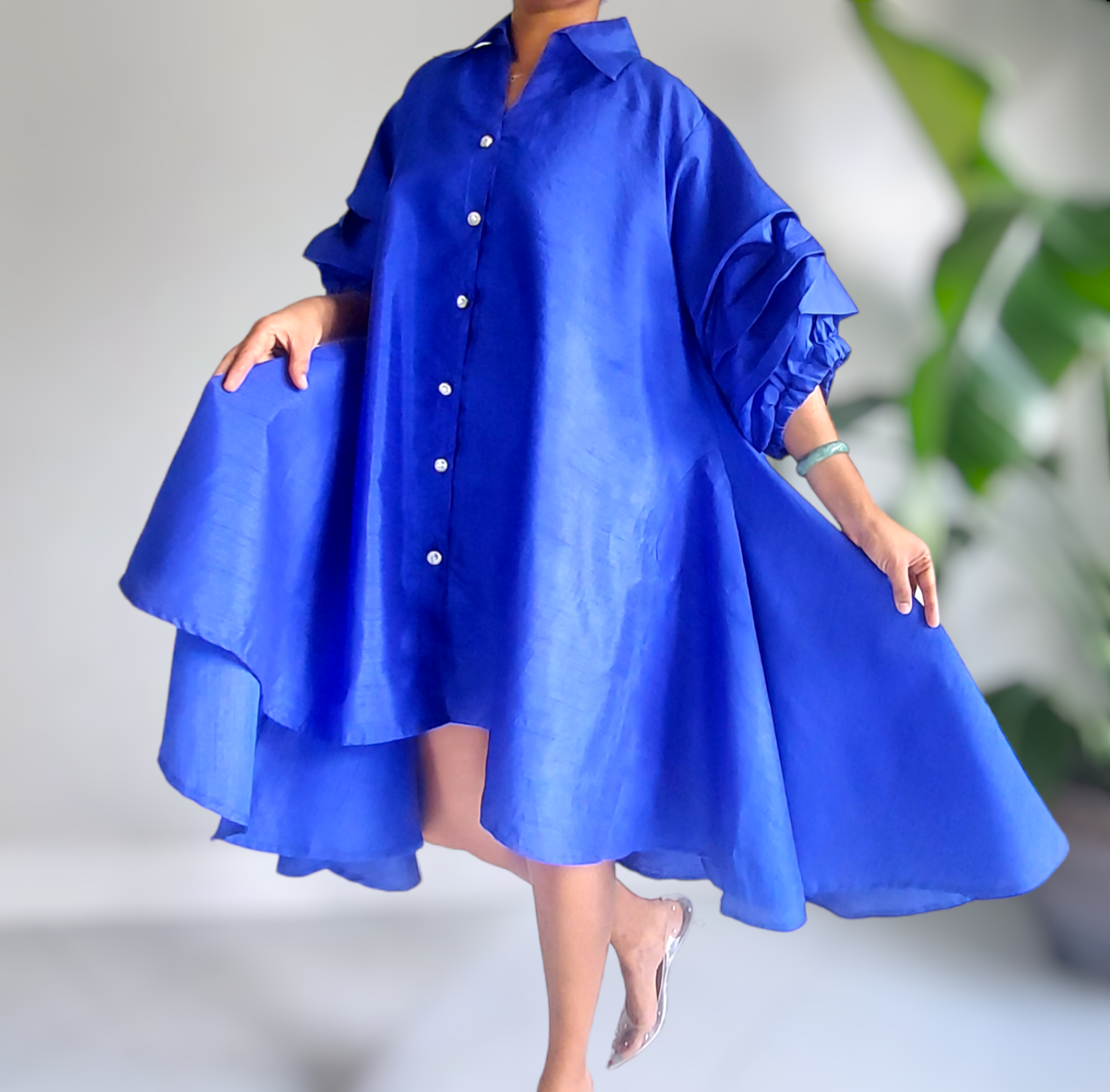 Swing Dress/Faux Silk/ Ruffle Sleeve - Royal Blue 25013