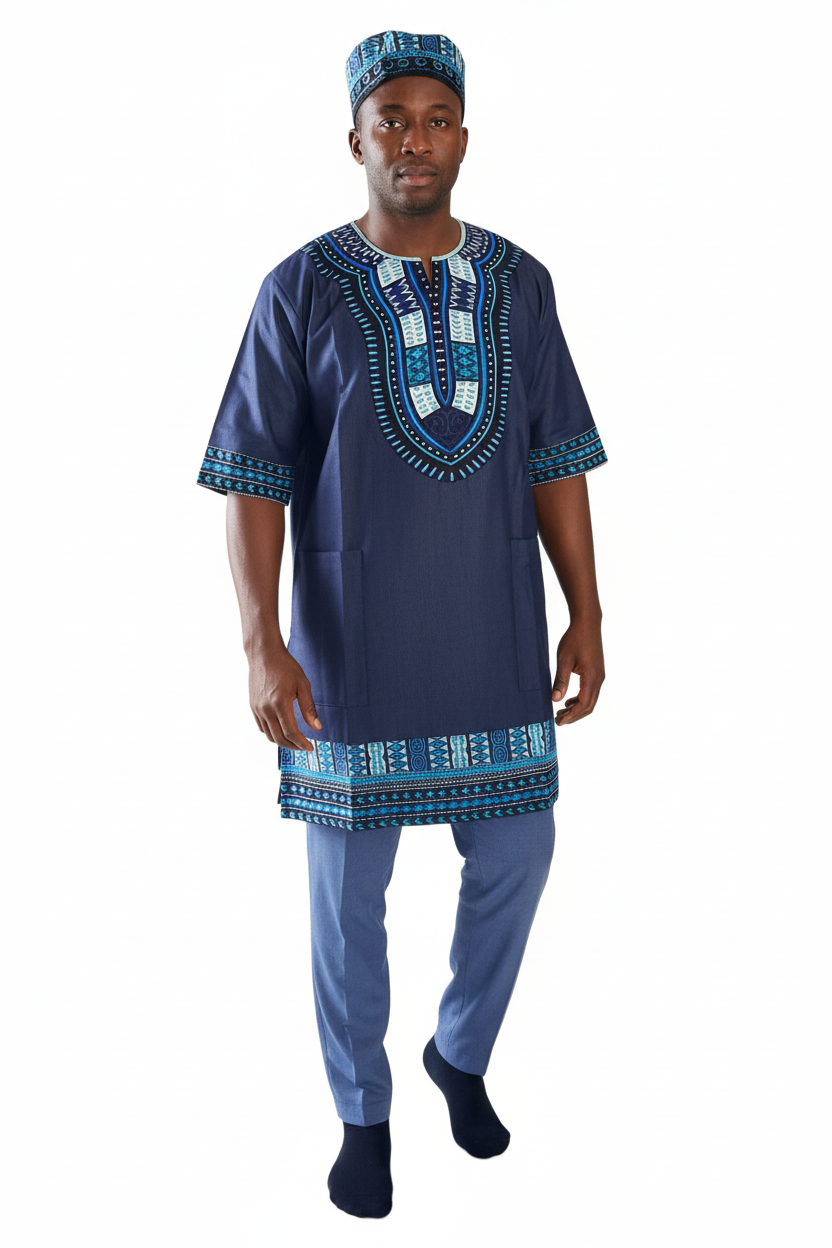 Tunic Shirt / Men/ Unisex/Denim Dashiki With Kufi Hat- Blue
