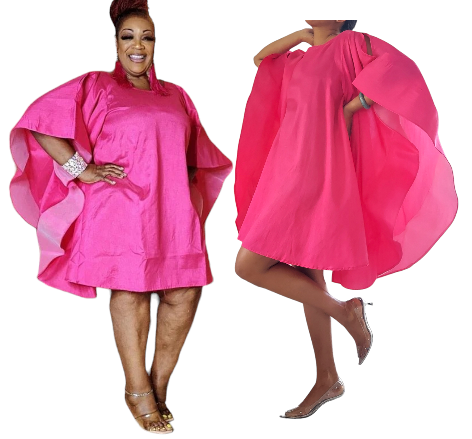 Faux Silk Wing Dress/Poncho Dress/ Wing Sleeves-Fuchsia