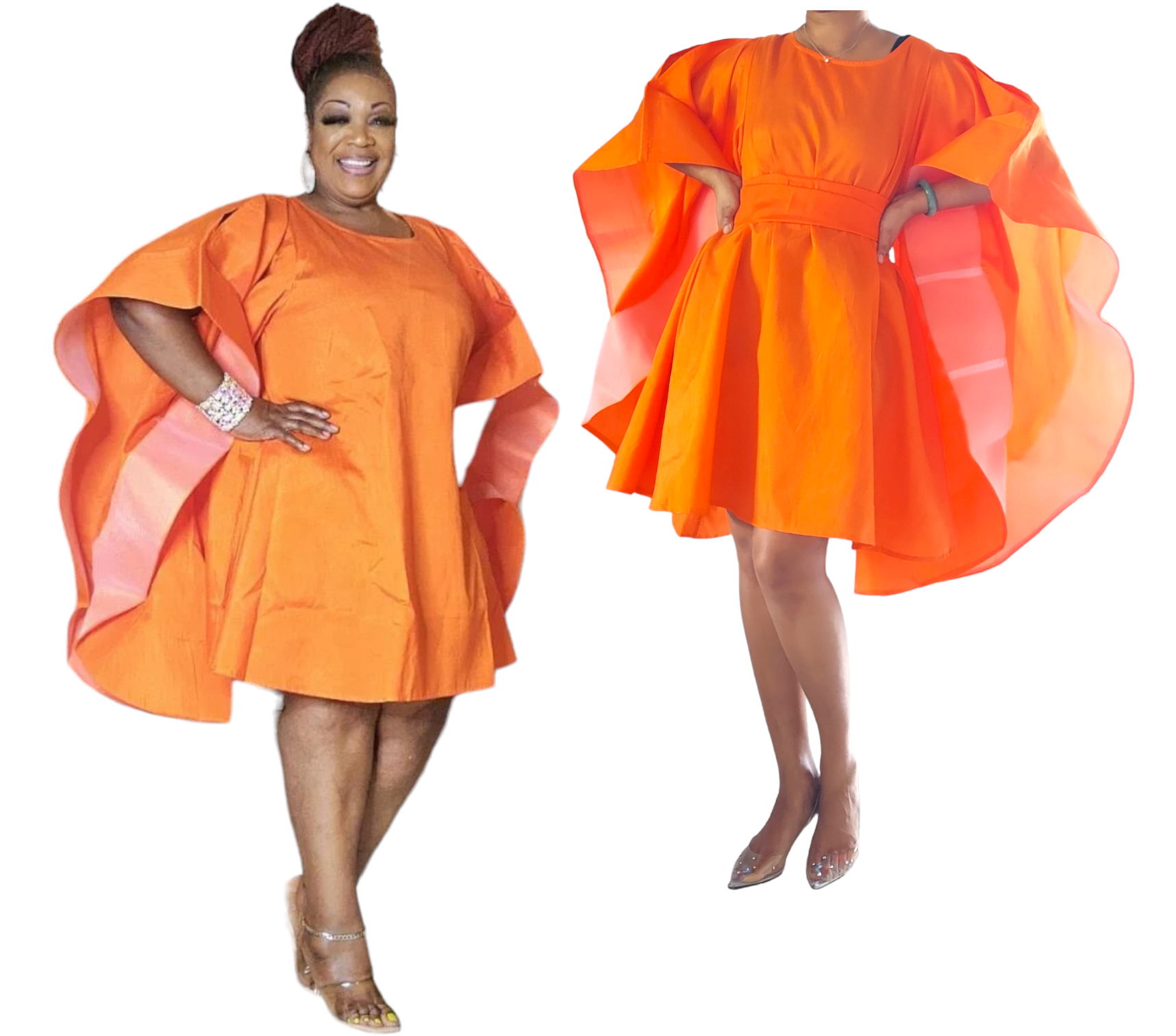 Faux Silk Wing Dress/Poncho Dress/ Wing Sleeves-Orange